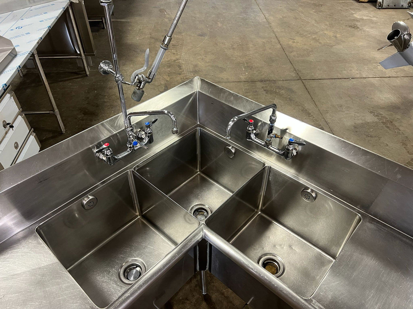 Used Stainless Steel Corner 3 Compartment Sink with Faucets and Drains