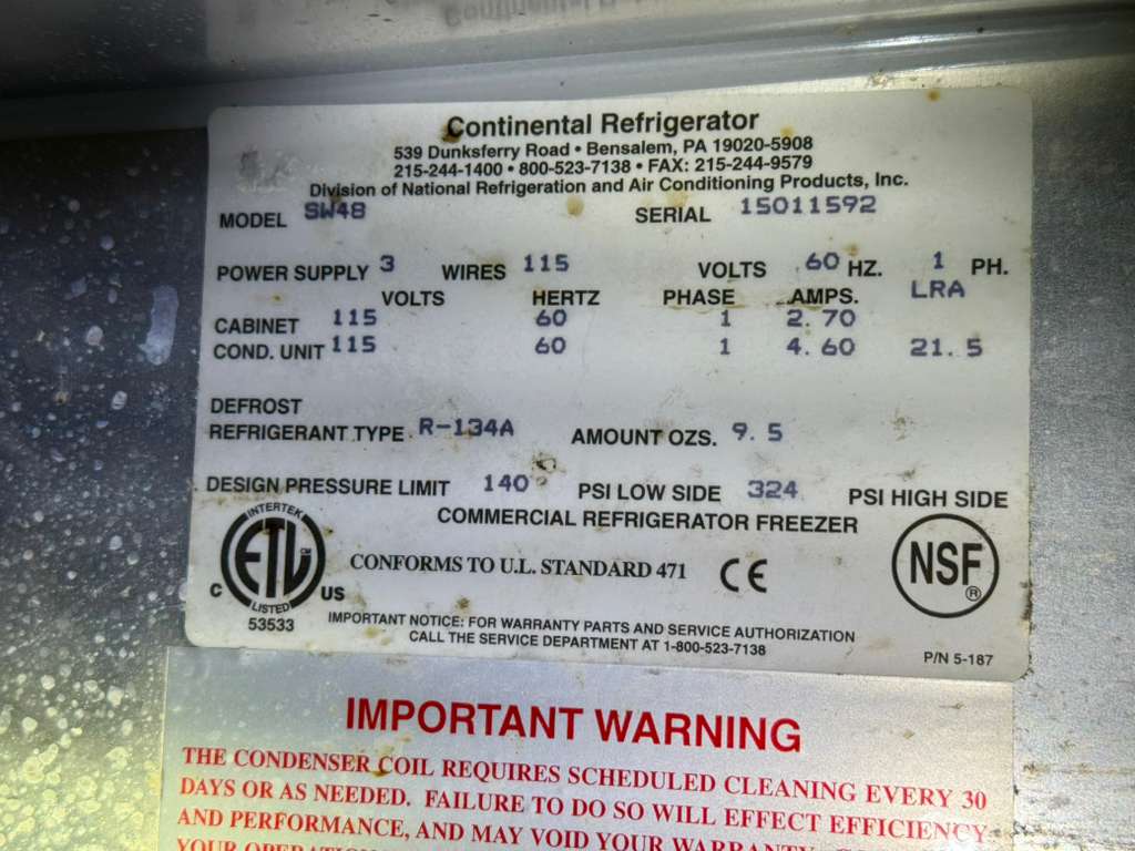 Used Continental SW48 4 Drawer Undercounter Refrigerator 120V