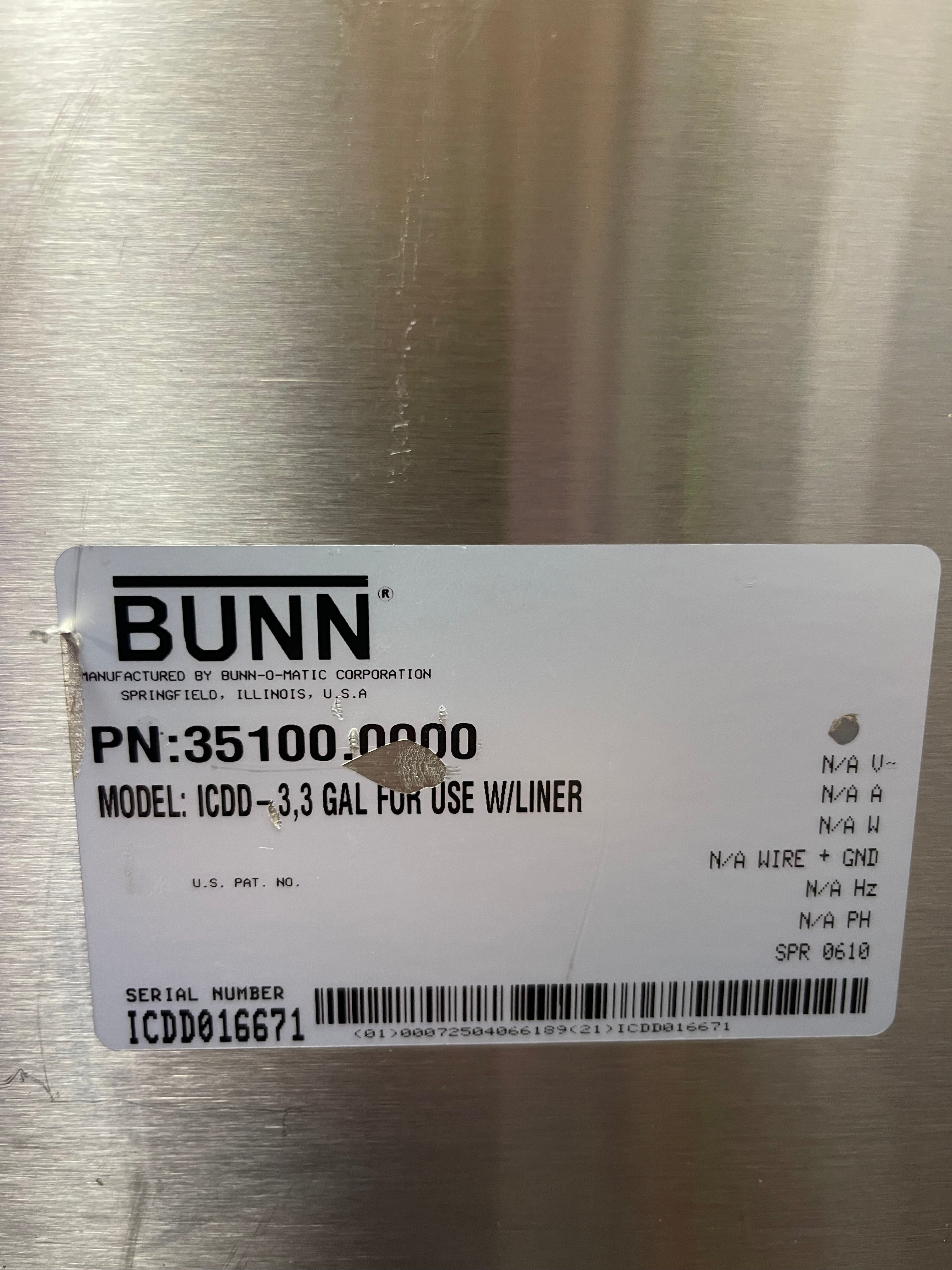 Used Bunn 35100.0000 ICDD-3 Stainless Iced Coffee Liner Dispenser 3.3 Gallon