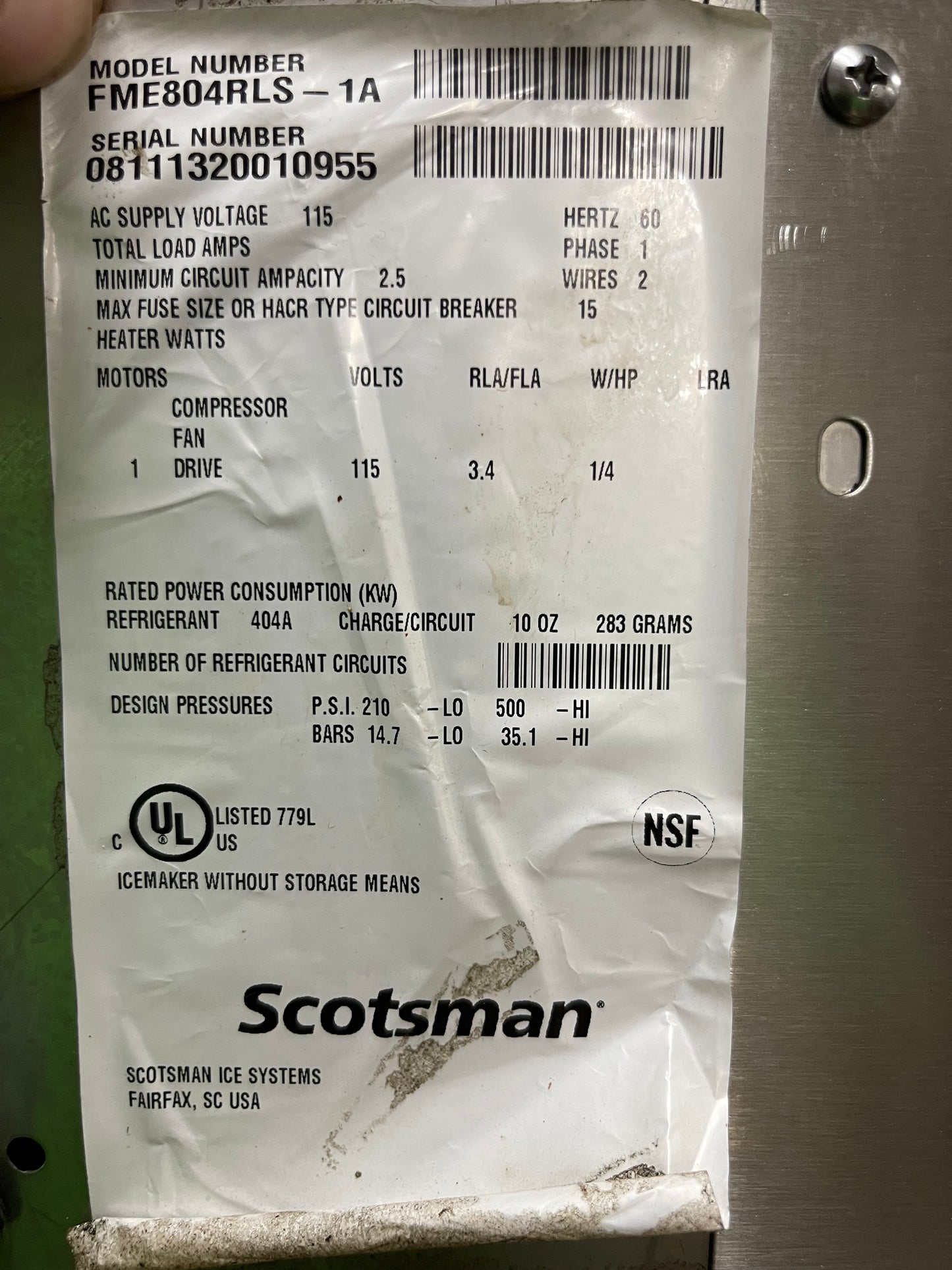 Used 22" Scotsman FME804RLS Remote Condenser Nugget Ice Machine Maker Head 115V - Shed