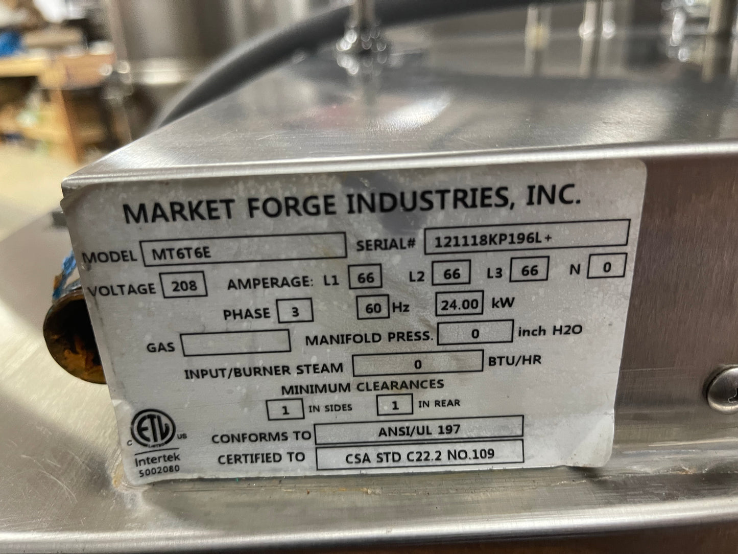 Used 2018 36" Market Forge MT6T6E Dual 6gal SS Tilting Steam Kettles w/Cabinet 208V 3Ph