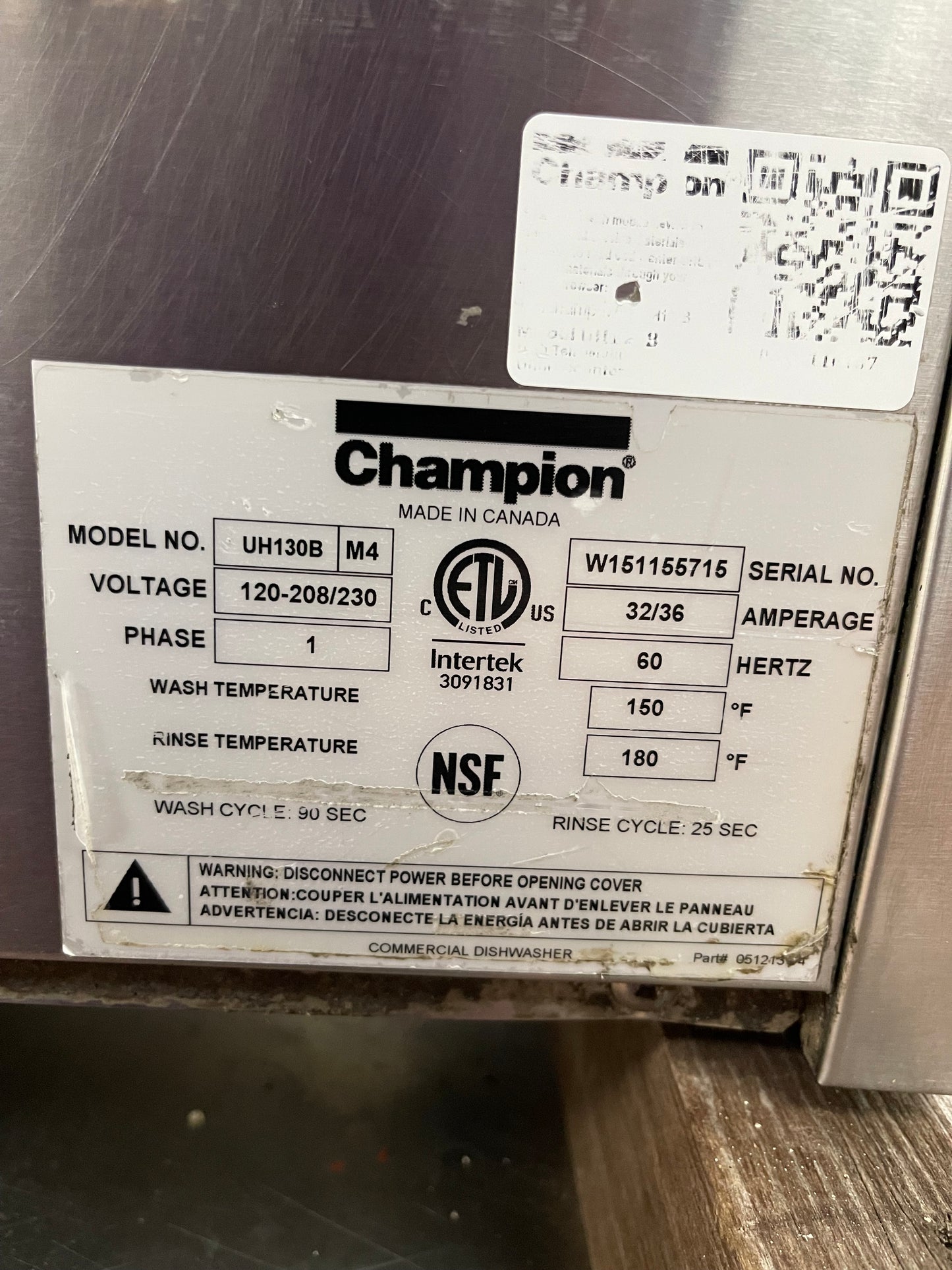 Used Champion UH-130B High Temperature Undercounter Dishwasher - 208/240V, 1 Phase