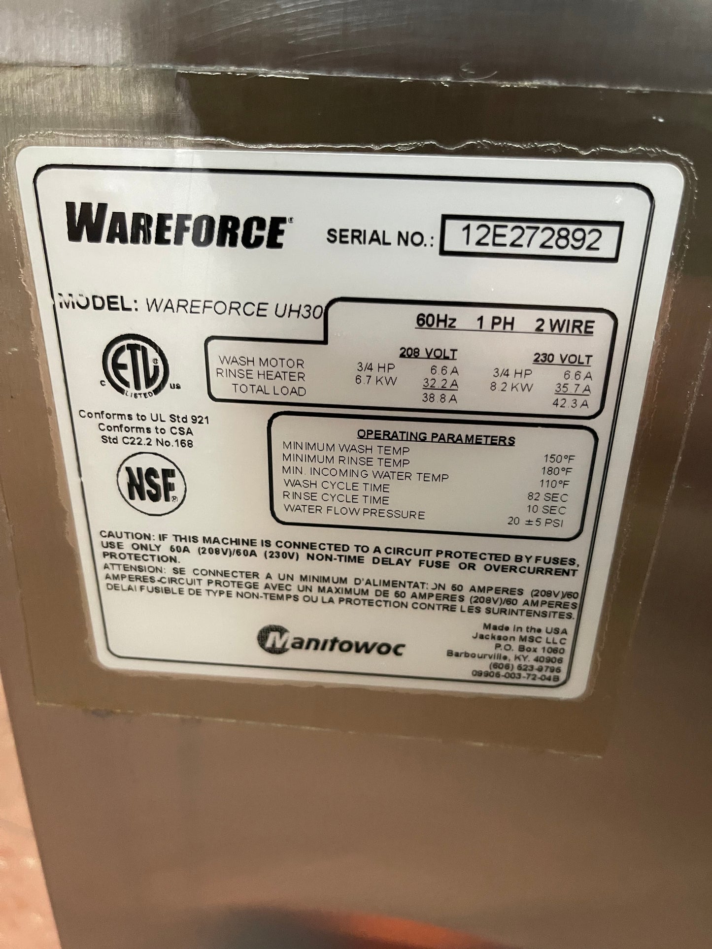 Used Noble Wareforce UH30 High Temperature Undercounter Dishwasher - 208/230V