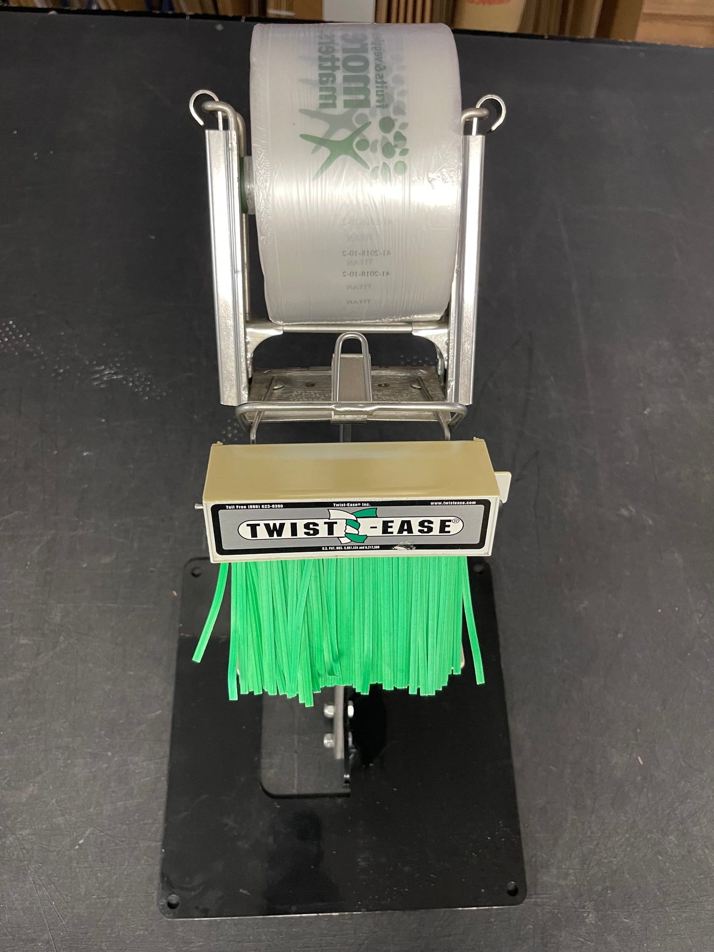 Used Crown Poly Pull N Pak Produce Bag Dispenser with Twist Ease Tie Dispenser and Stand