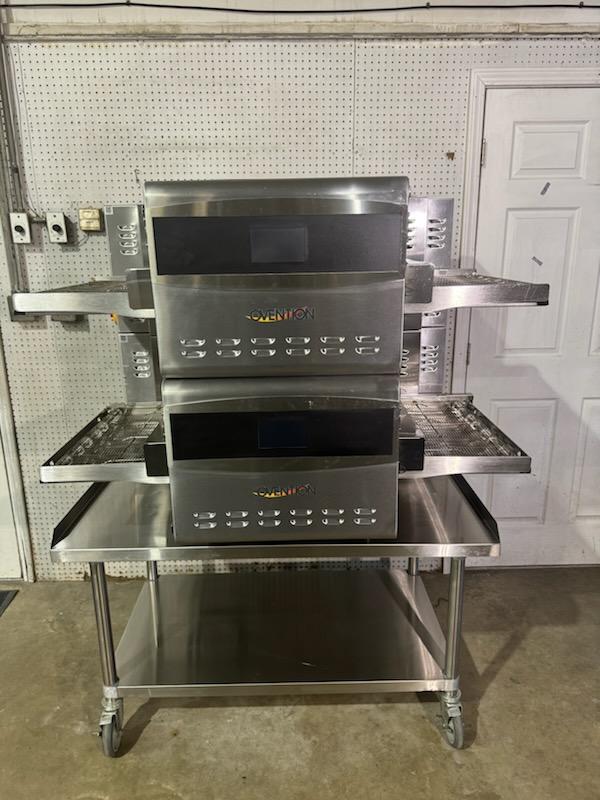 Used Double Stack of Ovention Commercial Conveyor C2000 Pizza Ovens with stand, 220V Single Phase JS