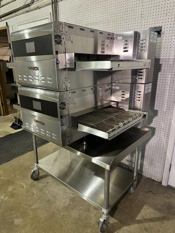 Used Double Stack of Ovention Commercial Conveyor C2000 Pizza Ovens with stand, 220V Single Phase JS