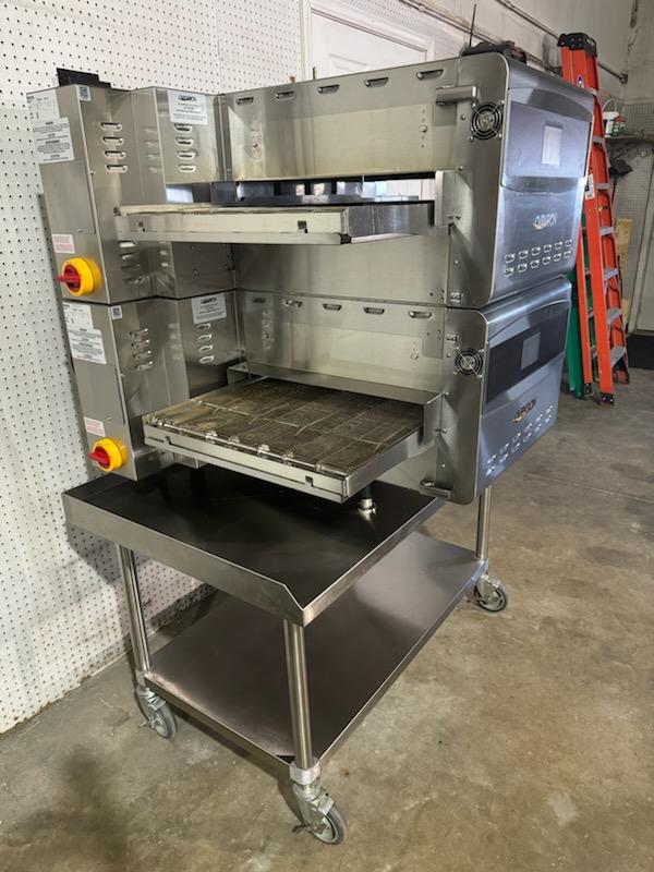 Used Double Stack of Ovention Commercial Conveyor C2000 Pizza Ovens with stand, 220V Single Phase JS