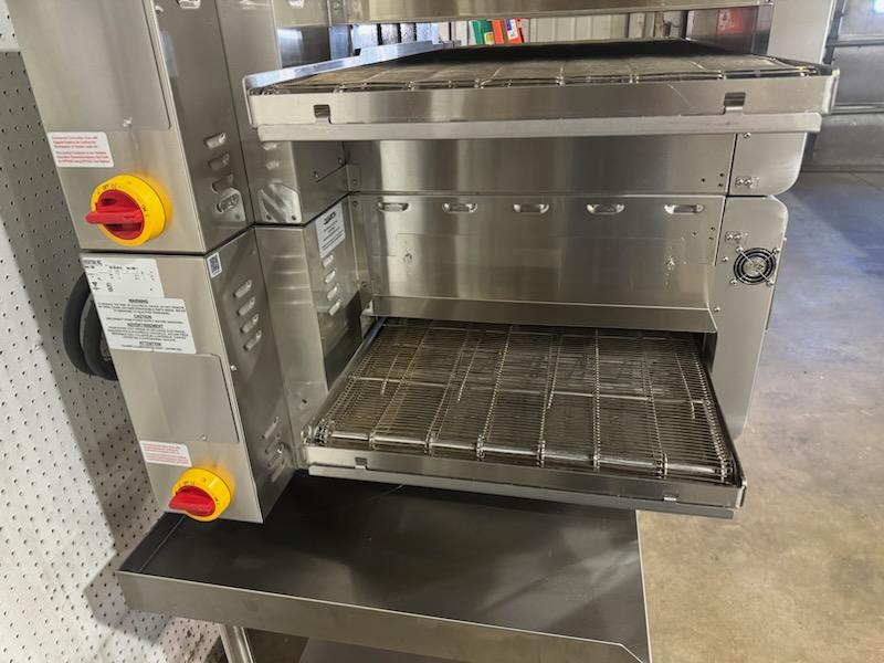 Used Double Stack of Ovention Commercial Conveyor C2000 Pizza Ovens with stand, 220V Single Phase JS