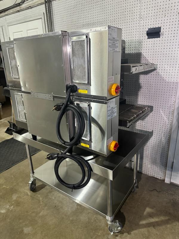 Used Double Stack of Ovention Commercial Conveyor C2000 Pizza Ovens with stand, 220V Single Phase JS