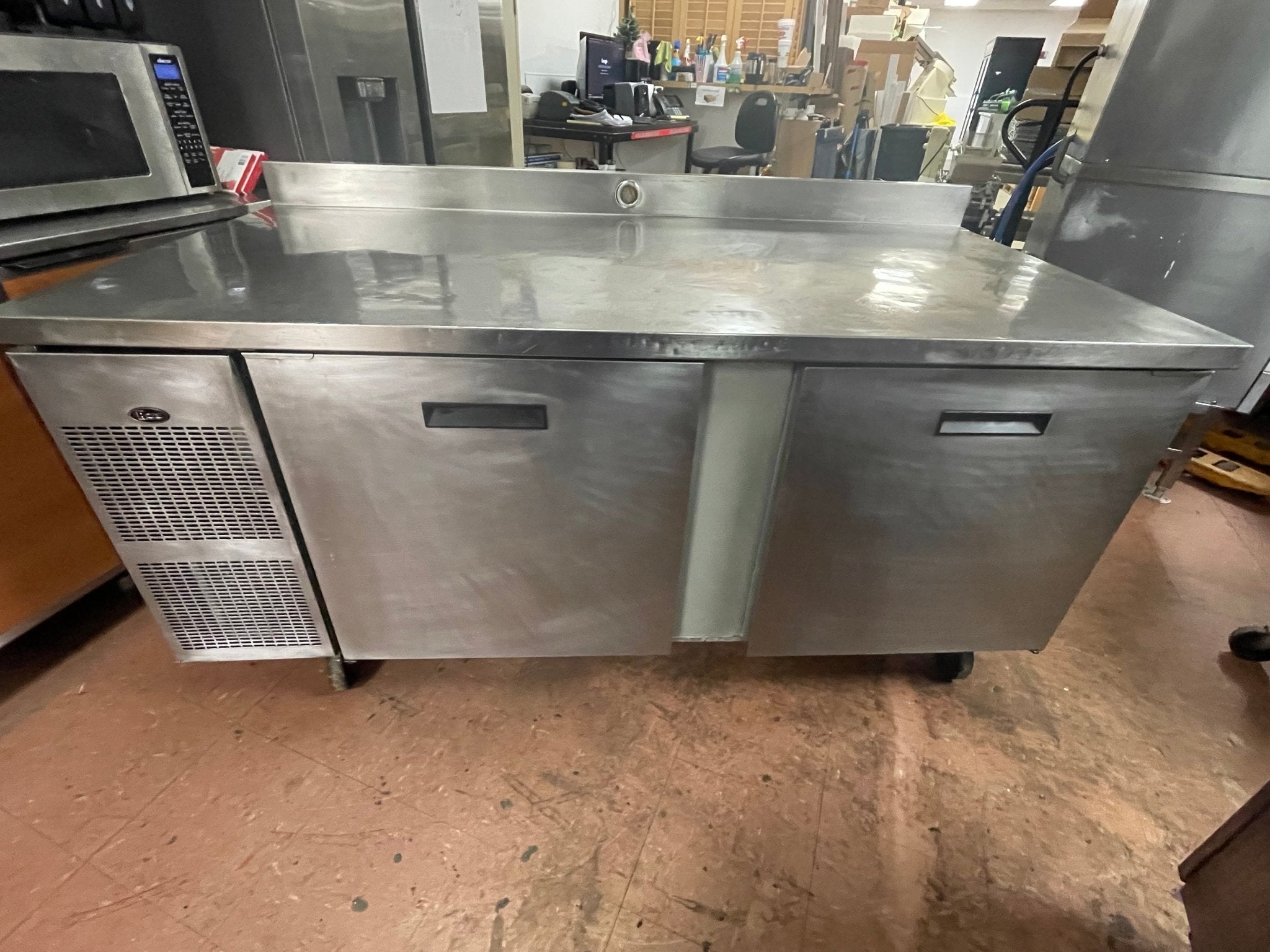 Used 72" Randell 9235 - 32 Stainless 2 Door Worktop Refrigerator with Casters 120V - Falcon Restaurant Supply - 1