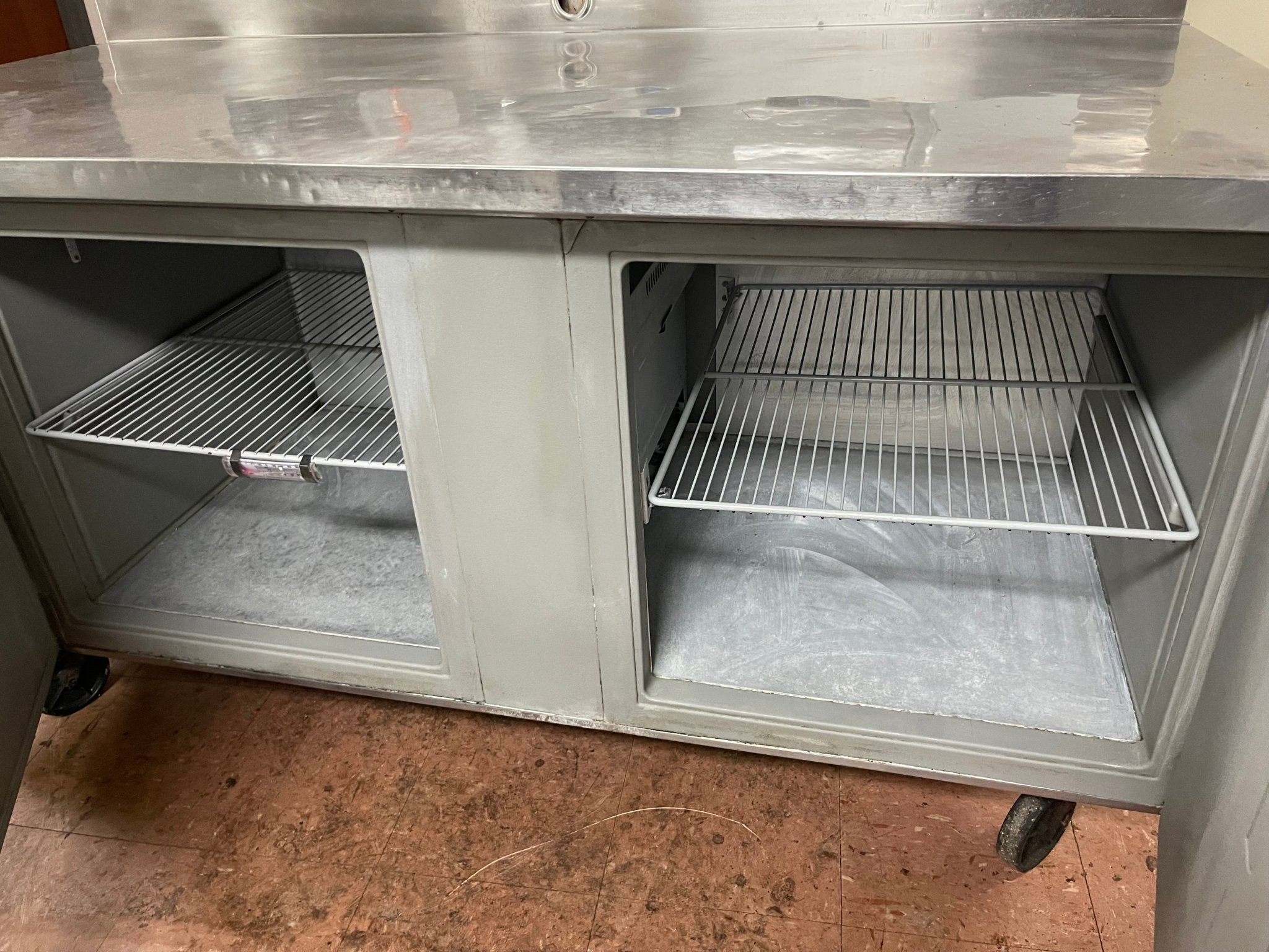 Used 72" Randell 9235 - 32 Stainless 2 Door Worktop Refrigerator with Casters 120V - Falcon Restaurant Supply - 11