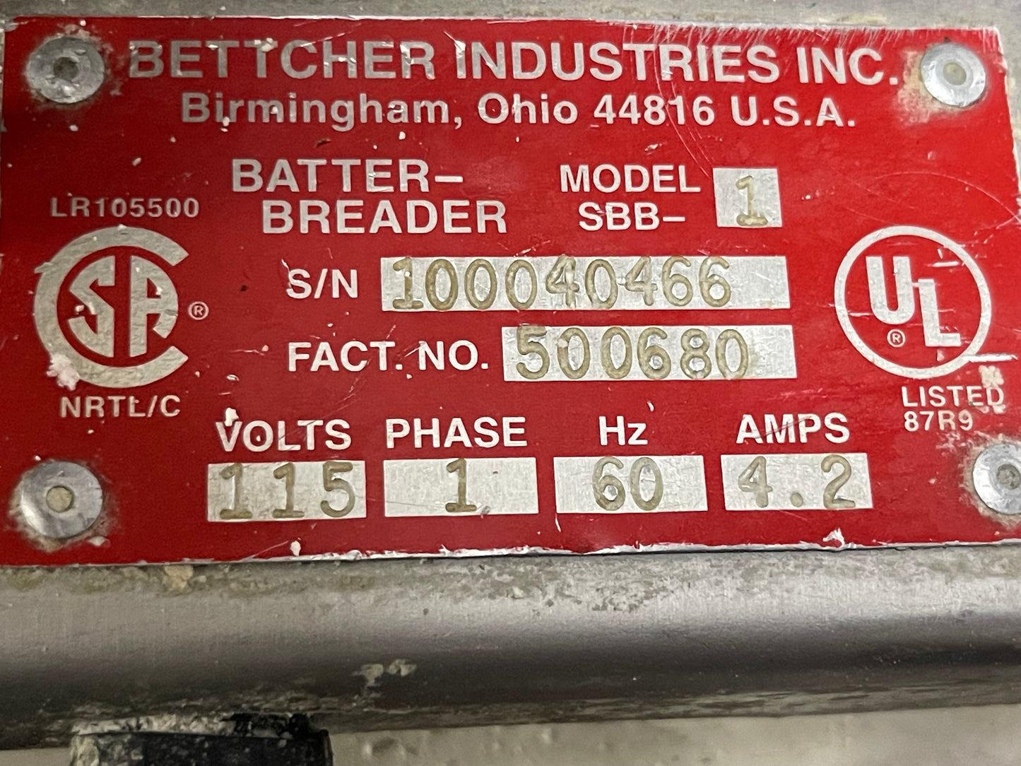 Used Bettcher SBB-1 Commercial Automatic Batter Breading Machine 120V