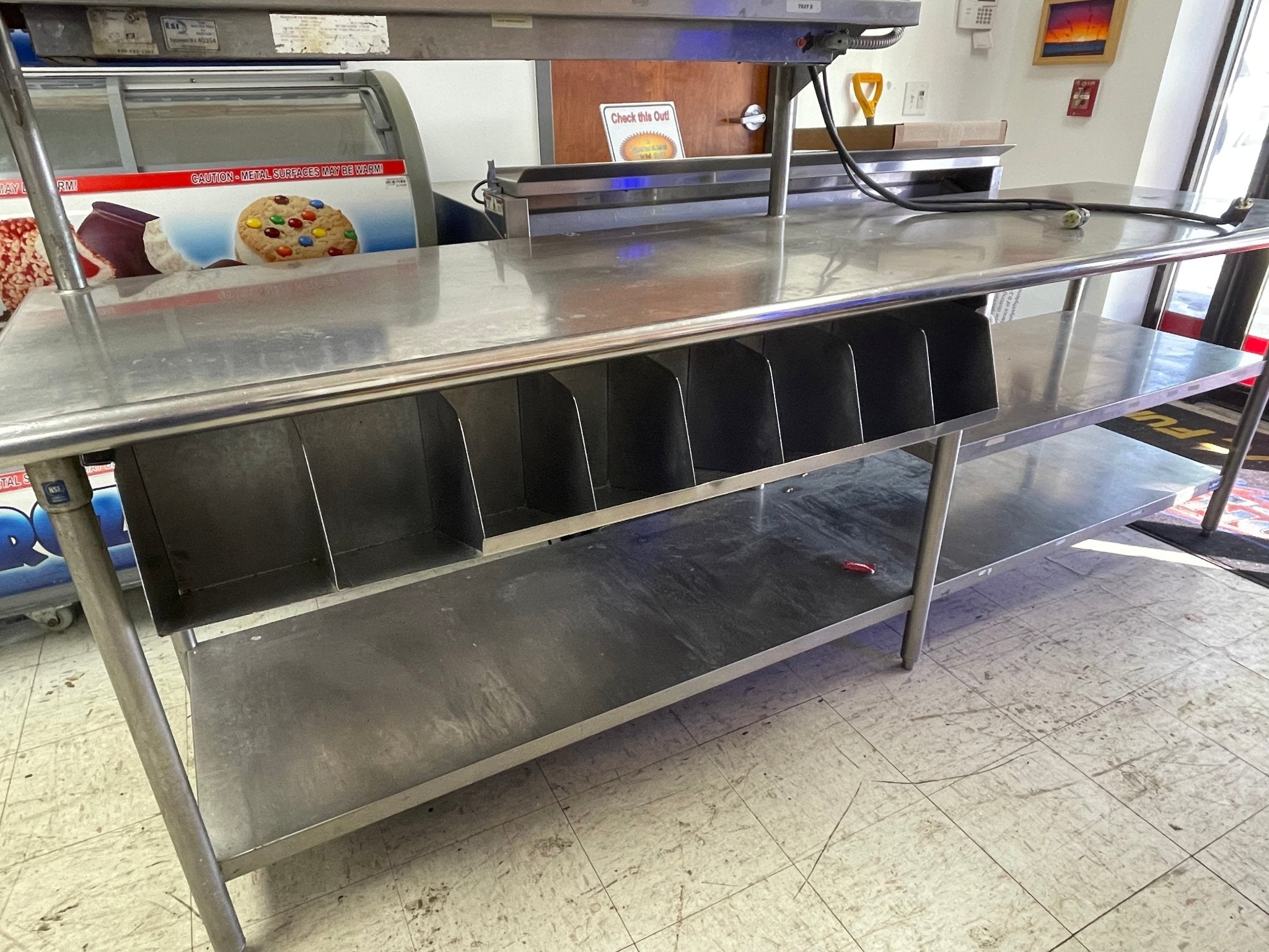 Used 108" Stainless Steel Table with Shelves and Strip Food Warmers - SS286 - Falcon Restaurant Supply - 2