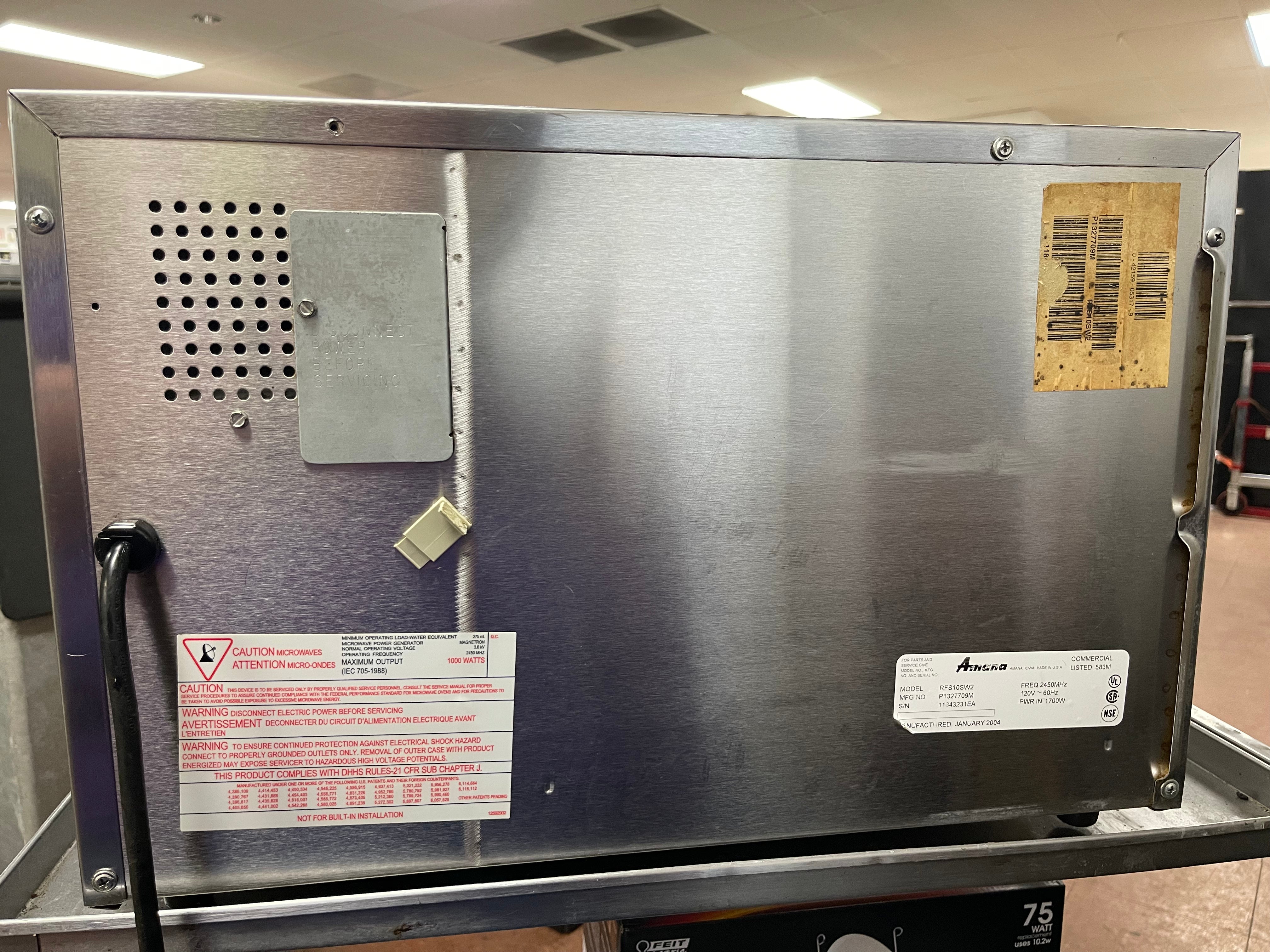 Used Amana RFS10SW2 1000W Stainless Commercial Push Button Microwave 120V