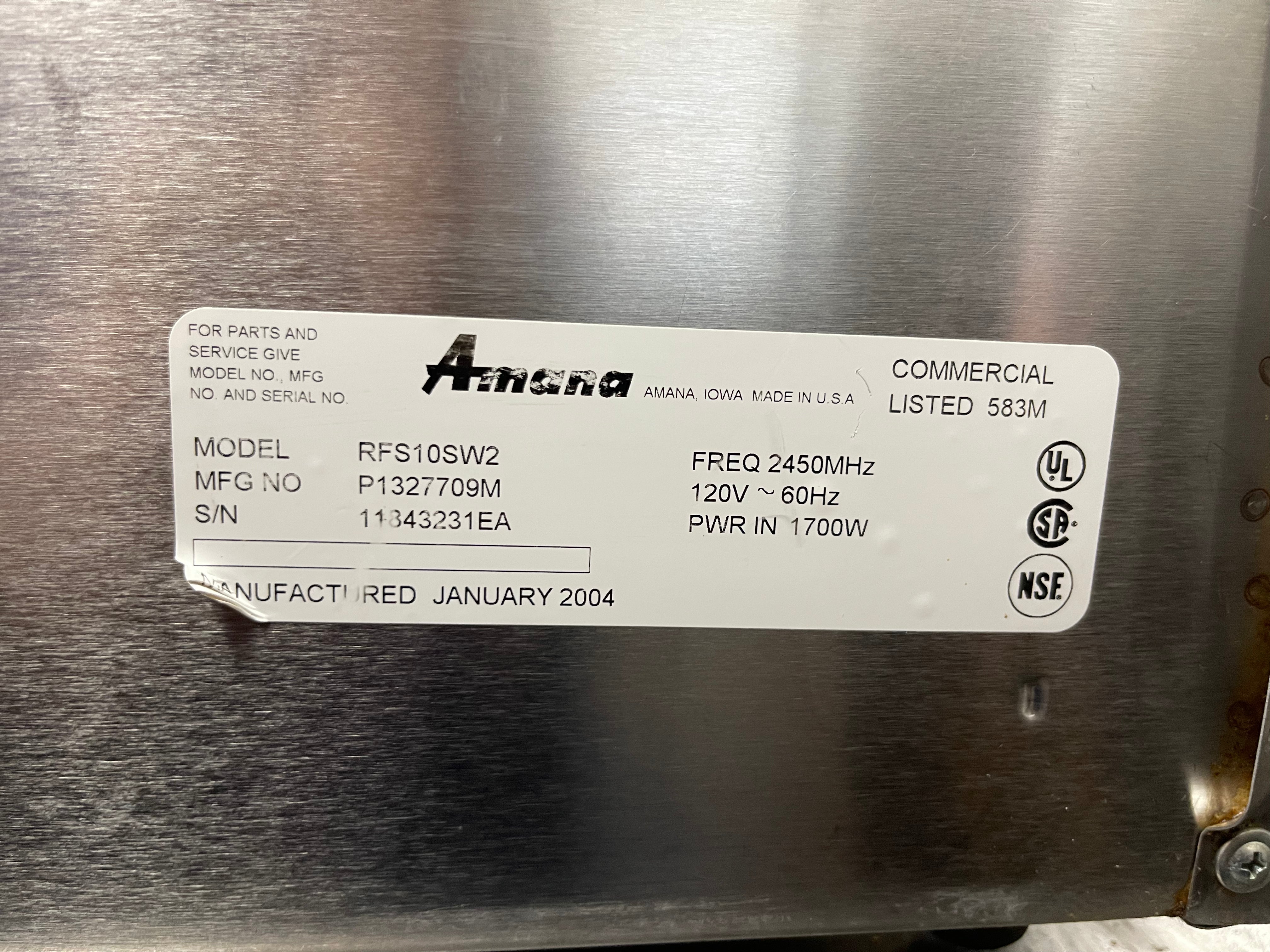 Used Amana RFS10SW2 1000W Stainless Commercial Push Button Microwave 120V