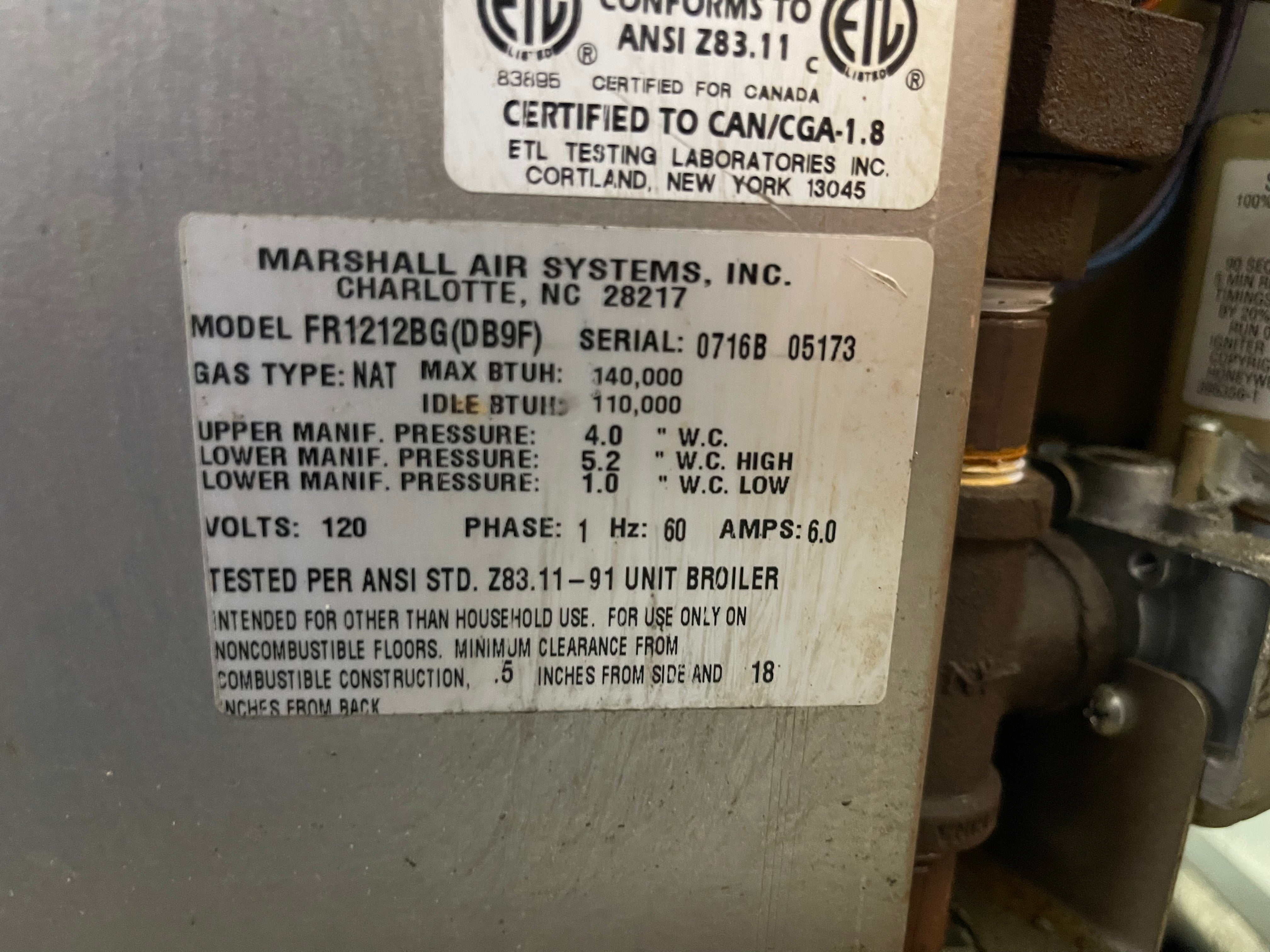 Used Marshall FR1212BG Natural Gas Conveyor Auto Broiler 140.000BTU