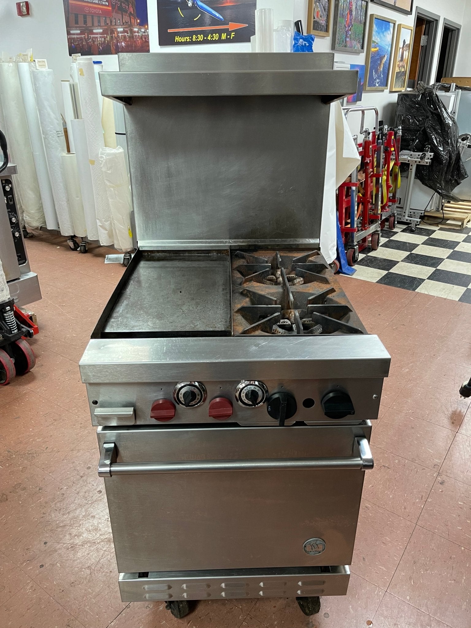 Used U.S. Range Natural Gas 2 Burner 24" Range with 12" Flat Top Griddle and Oven - Falcon Restaurant Supply - 1
