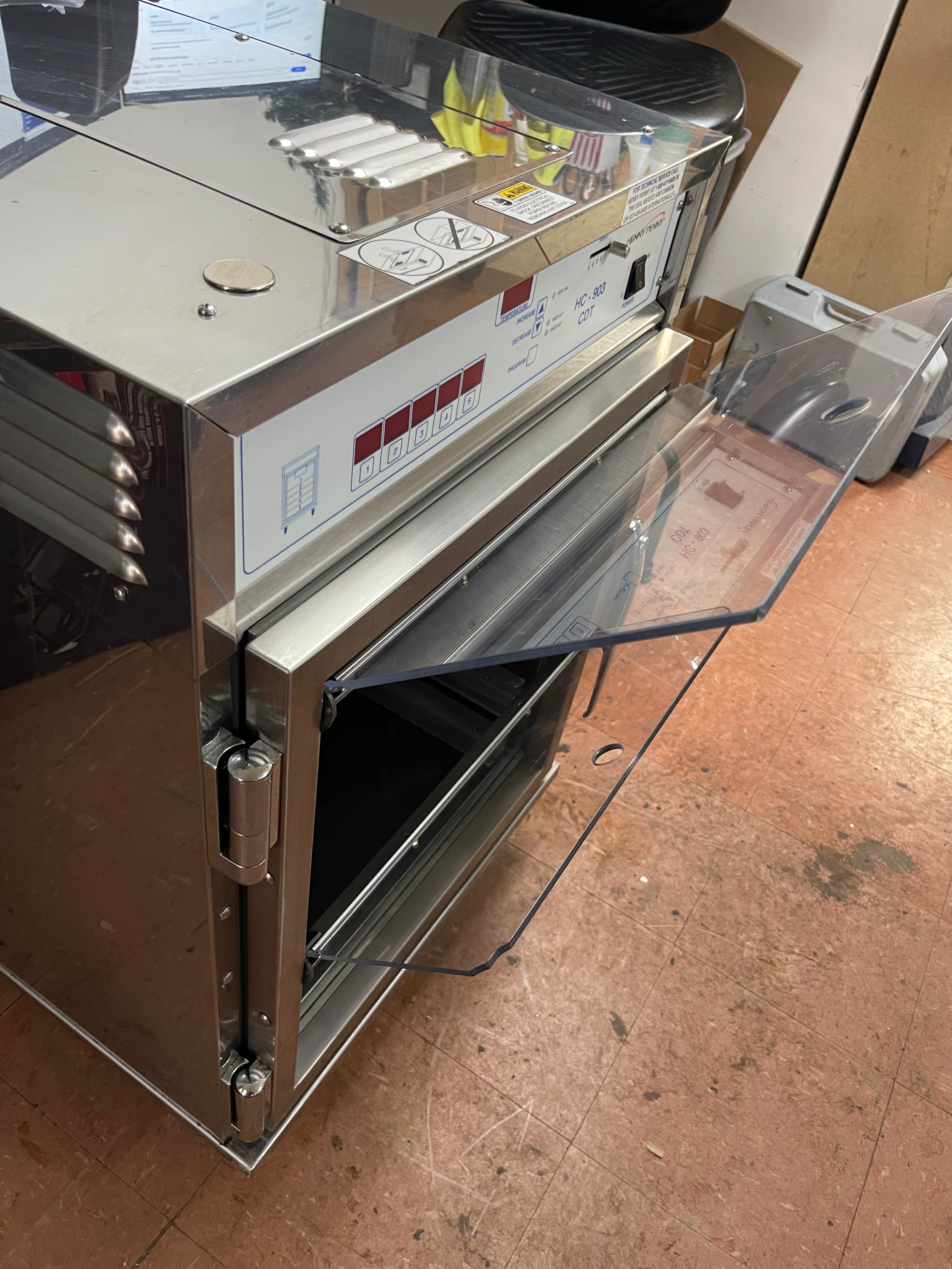 Used Henny Penny HC-903 CDT Heated Holding Pass Thru Cabinet with Flip Doors and Timers 120V