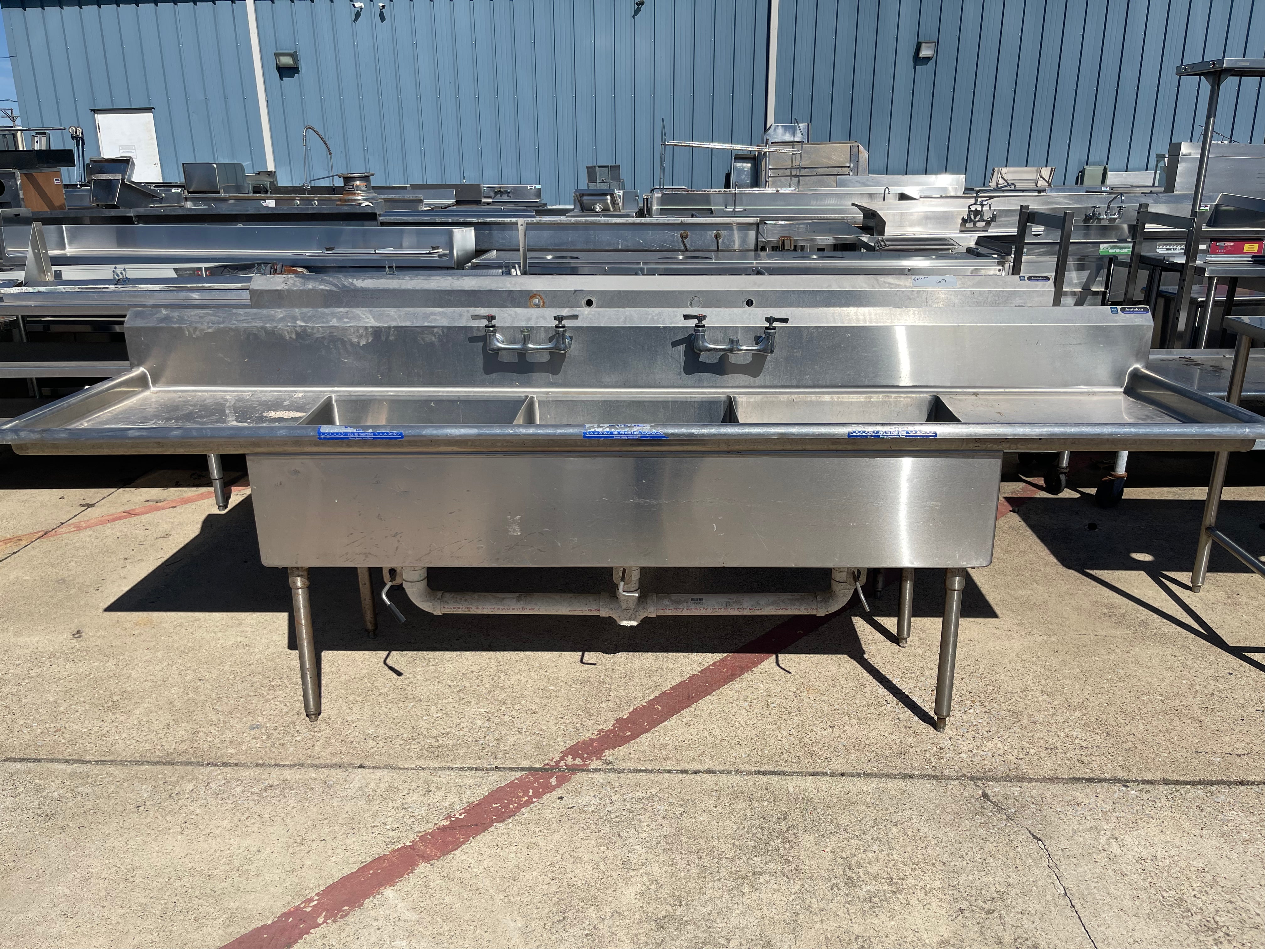 Used 120" Amtekco 3 Compartment Stainless Sink with Twist Drains - SS297