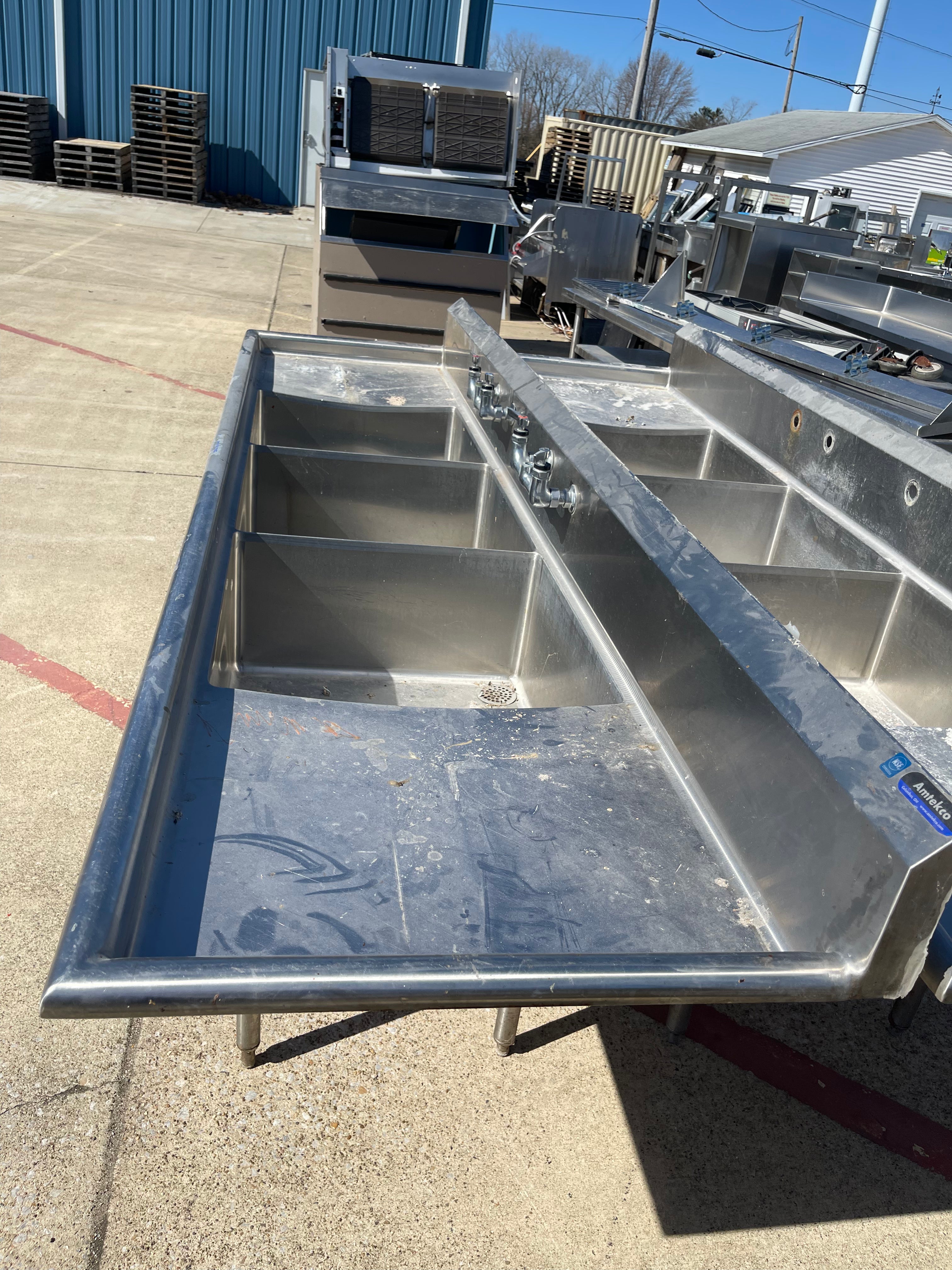 Used 120" Amtekco 3 Compartment Stainless Sink with Twist Drains - SS297