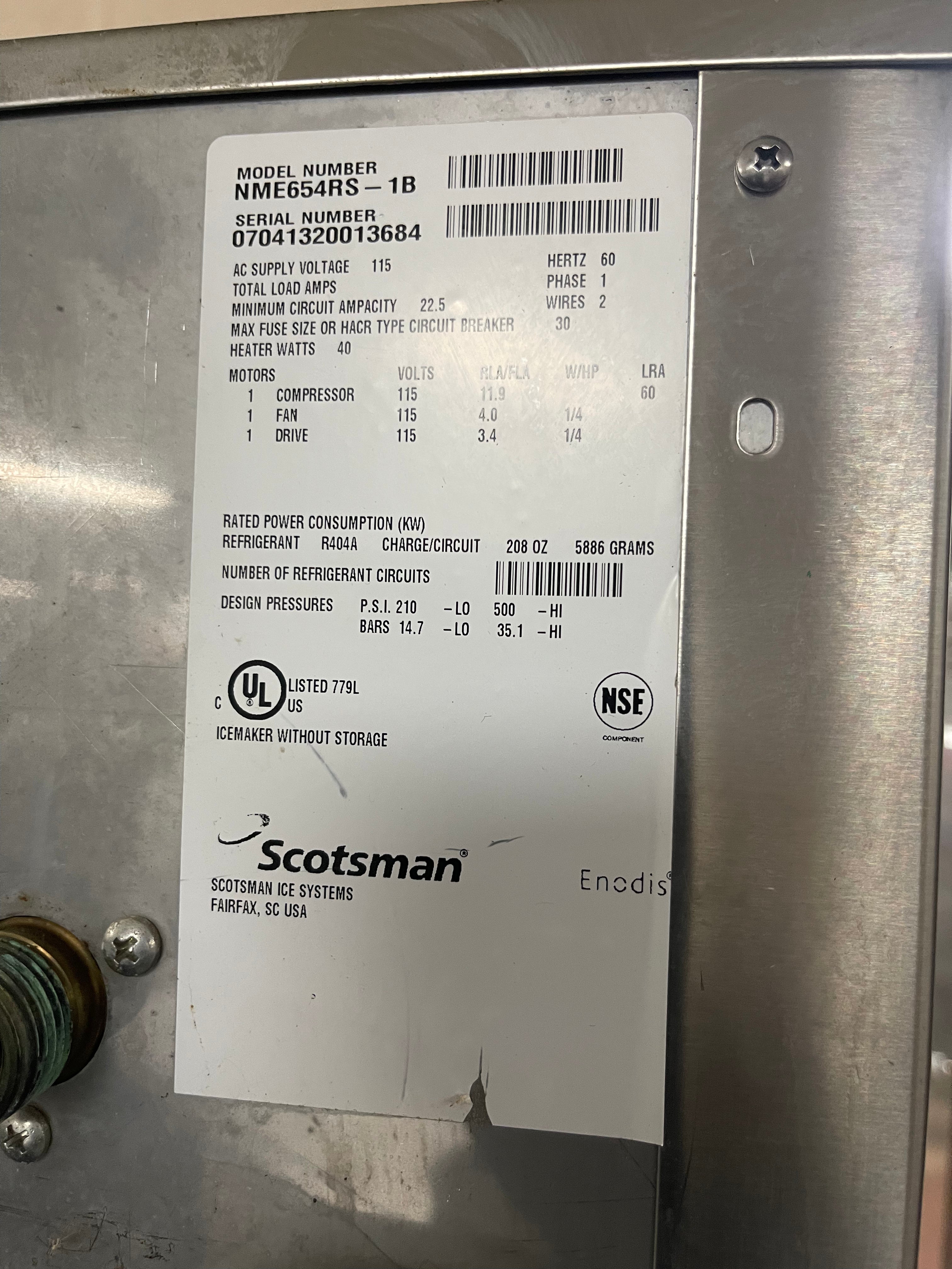 Used 21" Scotsman NME654RS-1B 615lb Nugget Ice Machine 115V with Condenser As-Is