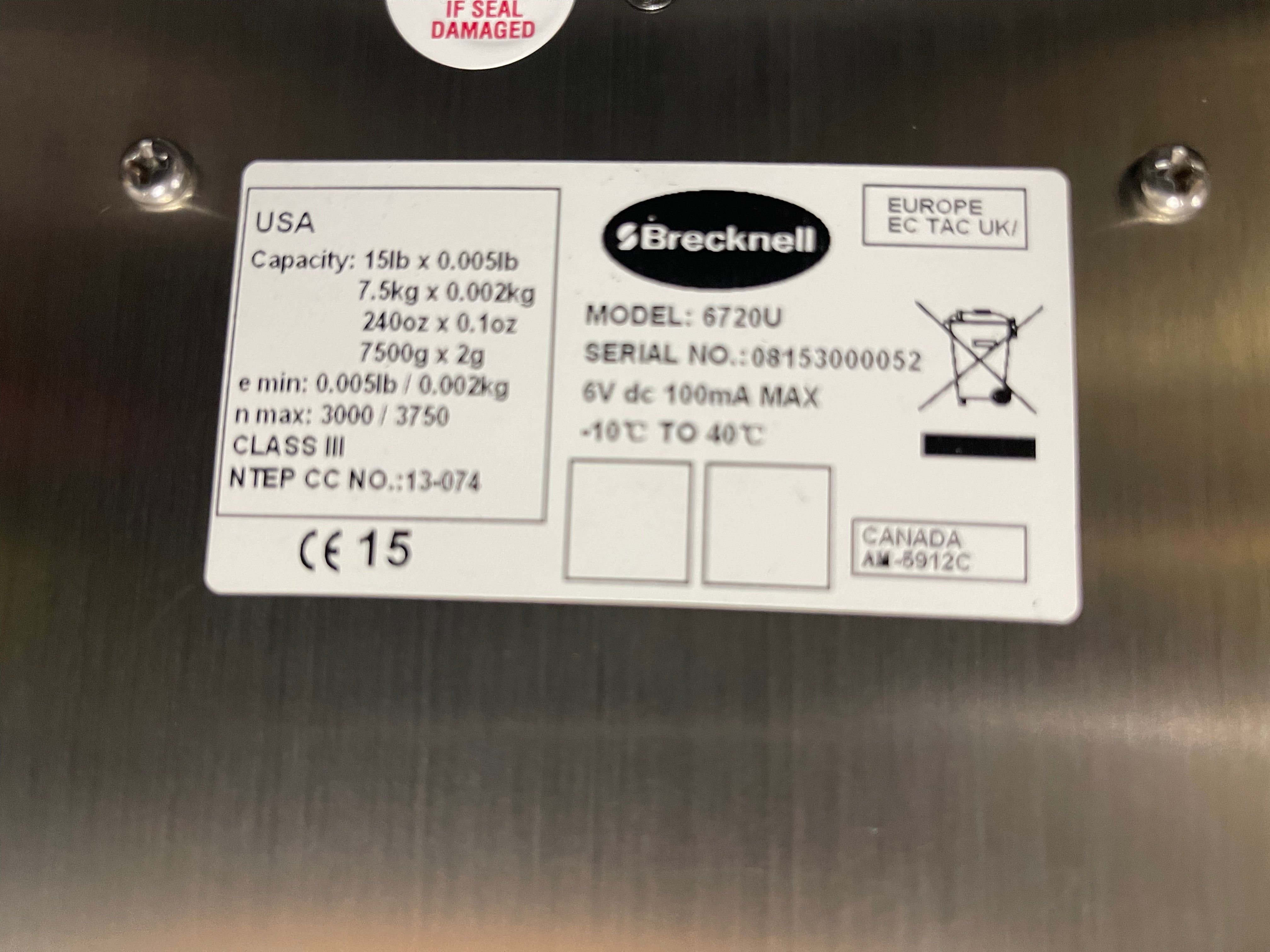 Used Brecknell 6720U POS Retail Checkout 15lb Stainless Deli Grocery Scale