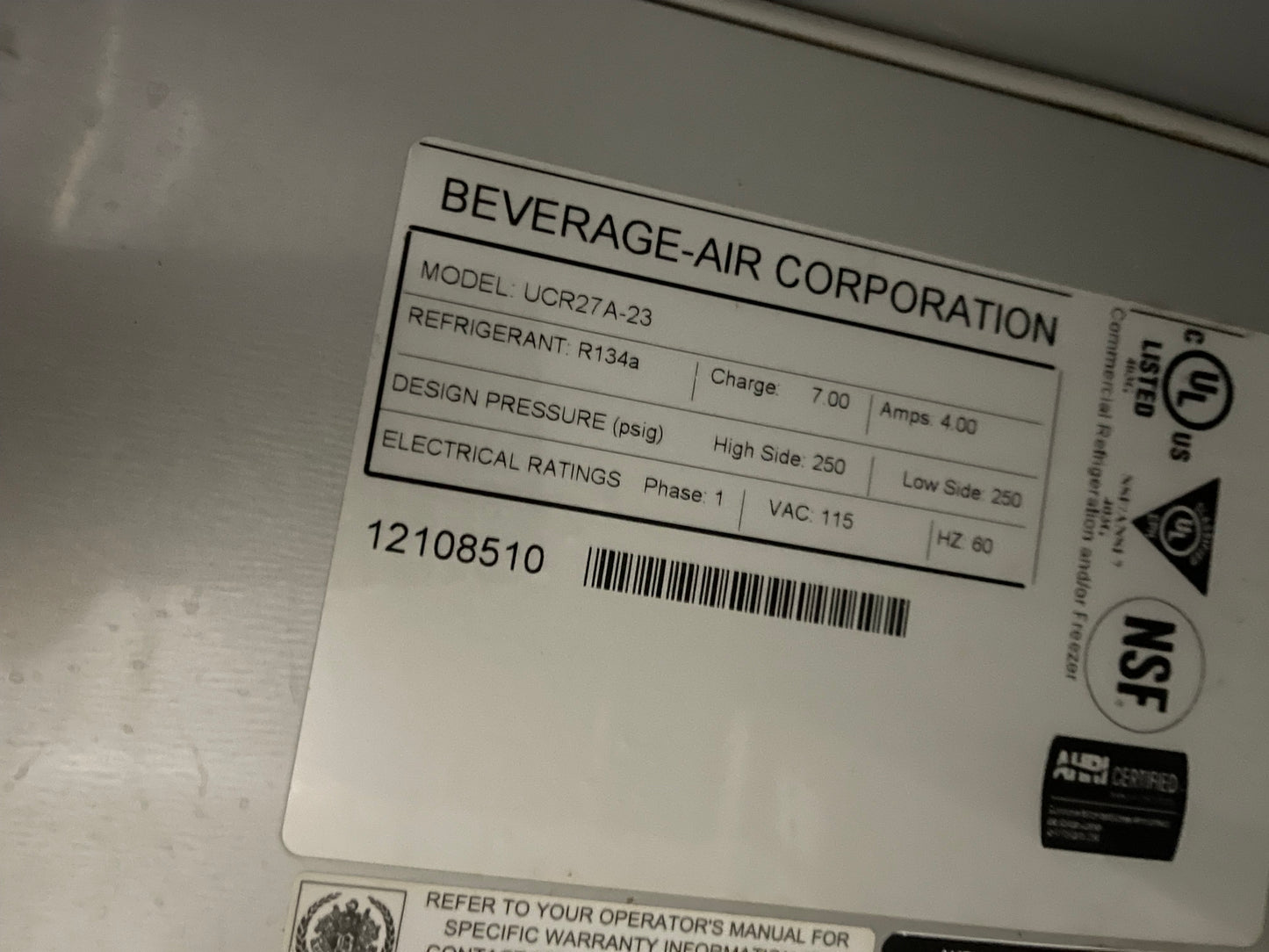 Used 27" Beverage Air UCR27A-23 Undercounter Commercial Refrigerator 120V