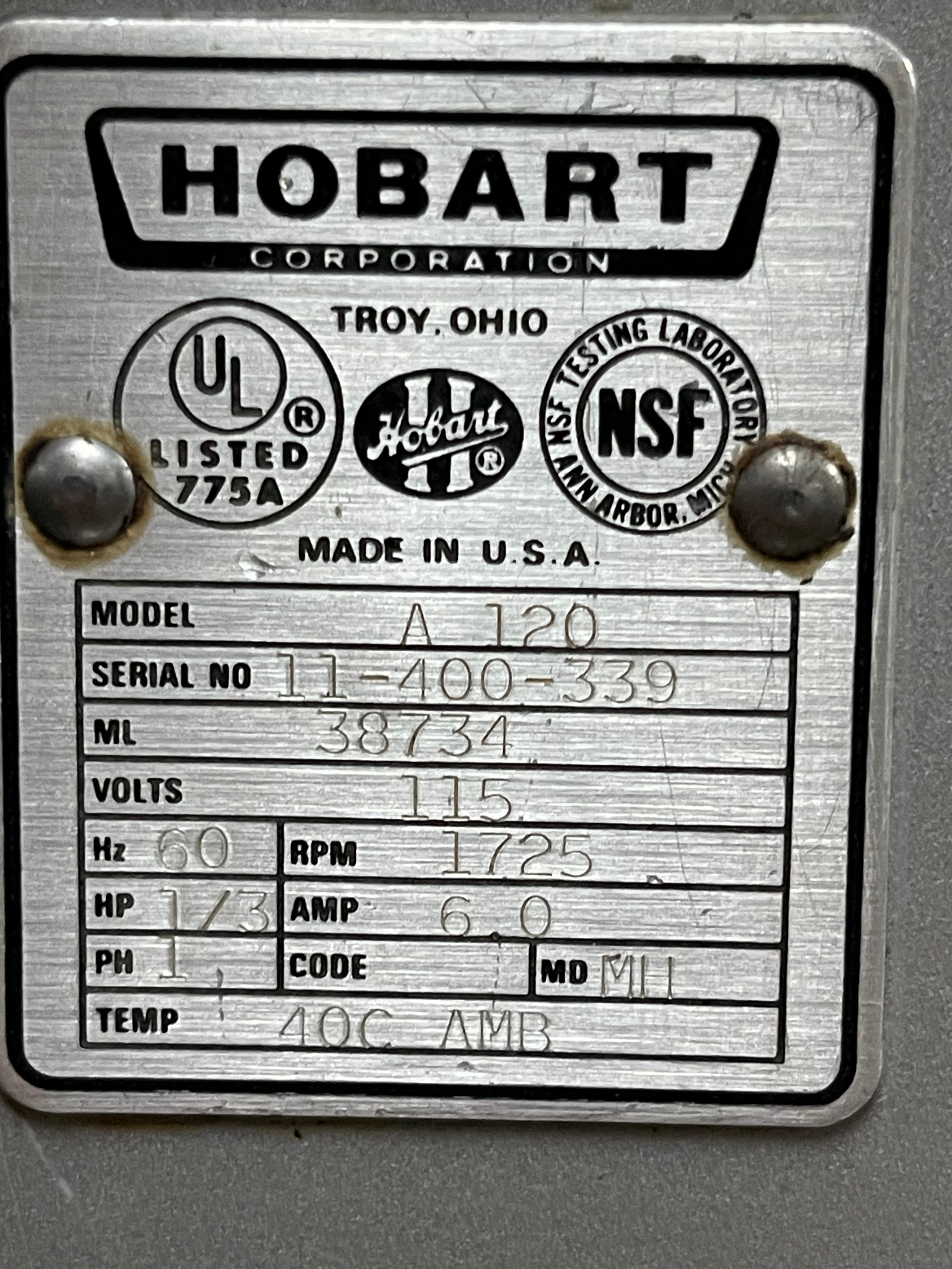 Used Hobart A120 Stand Mixer with Whisk and Bowl 12qt 120V - 2