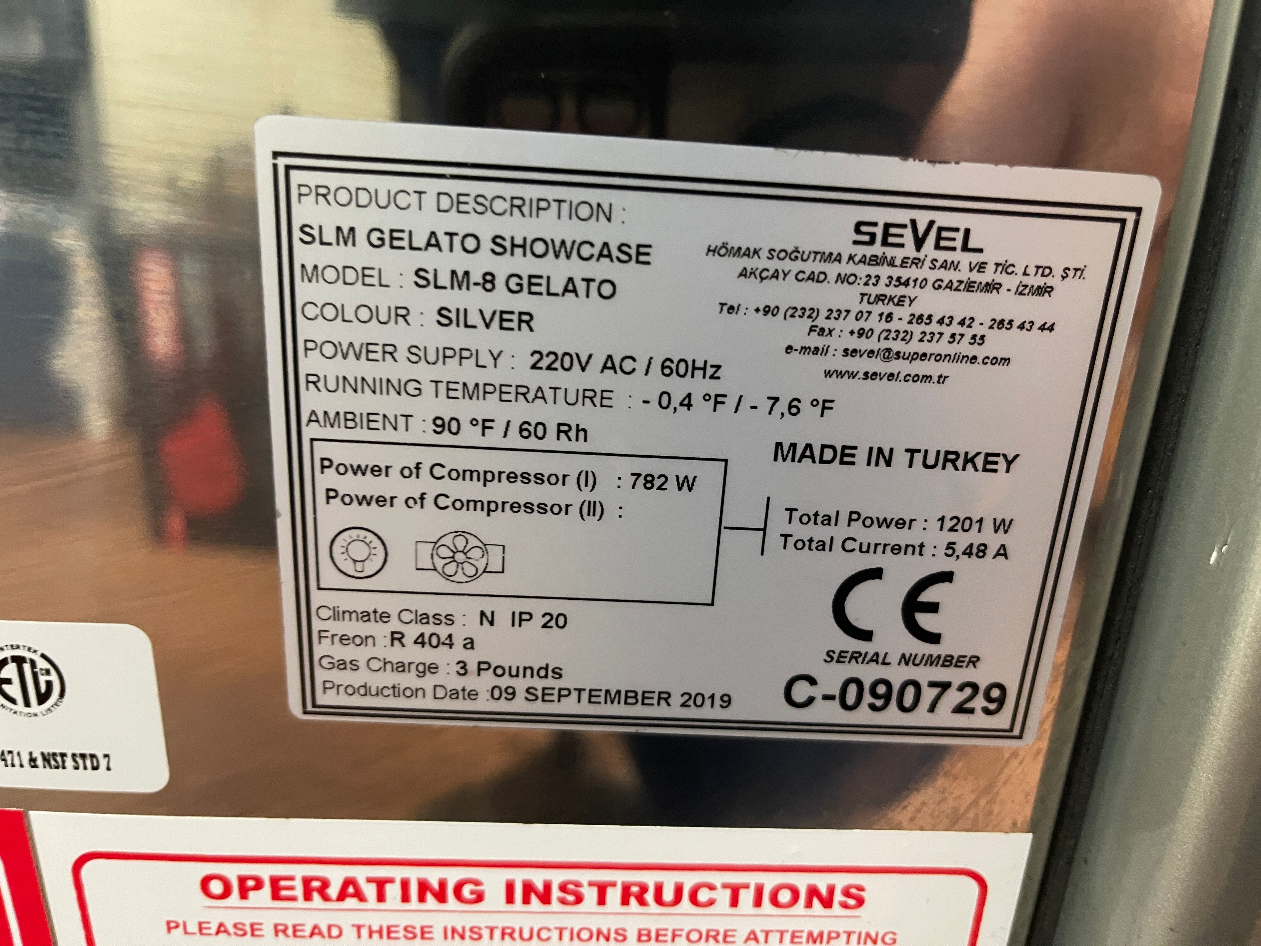 Used 2019 Sevel SLM-8 Gelato Ice Cream Lighted Showcase Display Freezer 220V