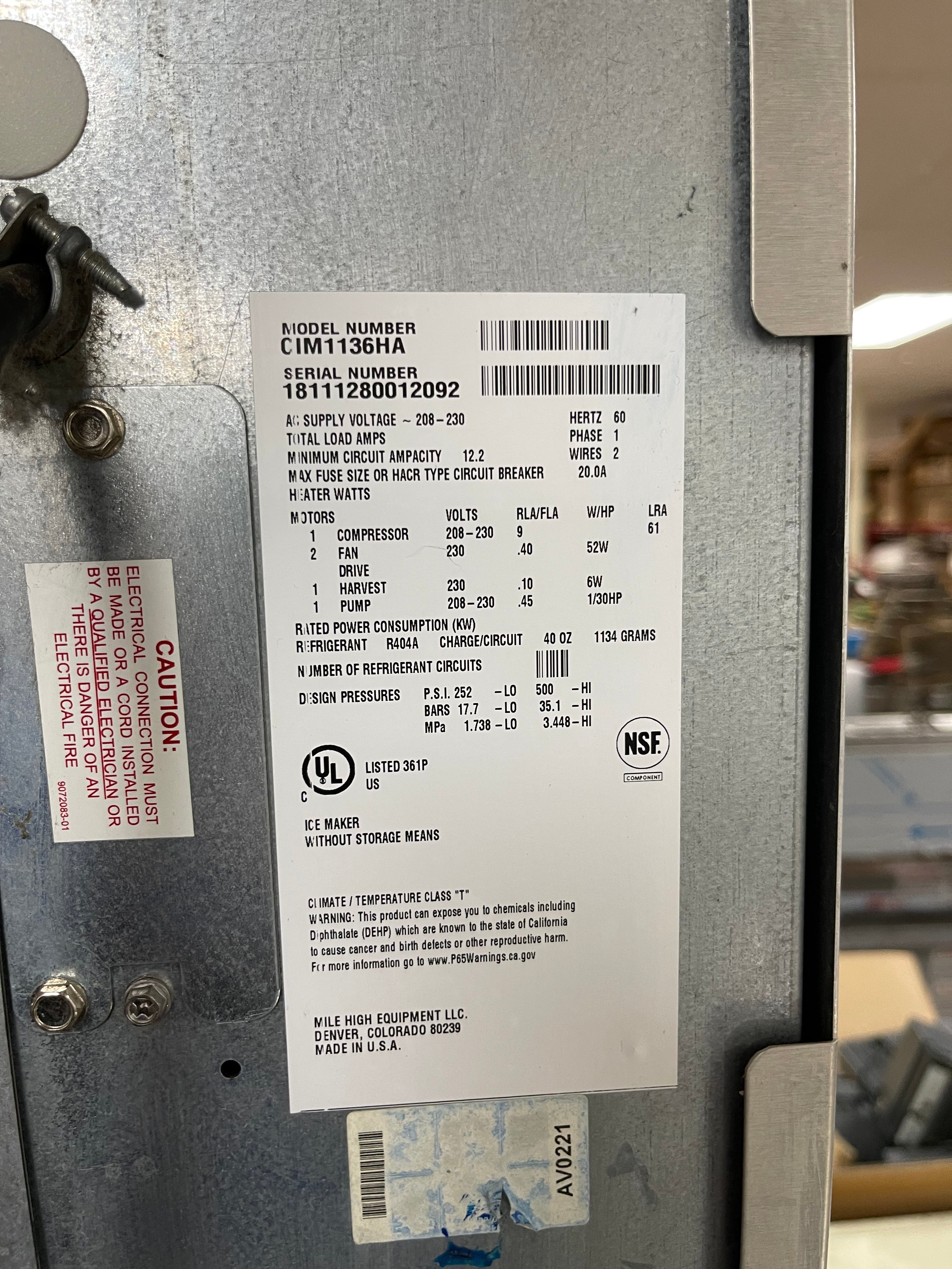 Used Ice-O-Matic CIM1136HA/B55PS 932lb Half Cube Ice Machine w/ Bin 220V SB