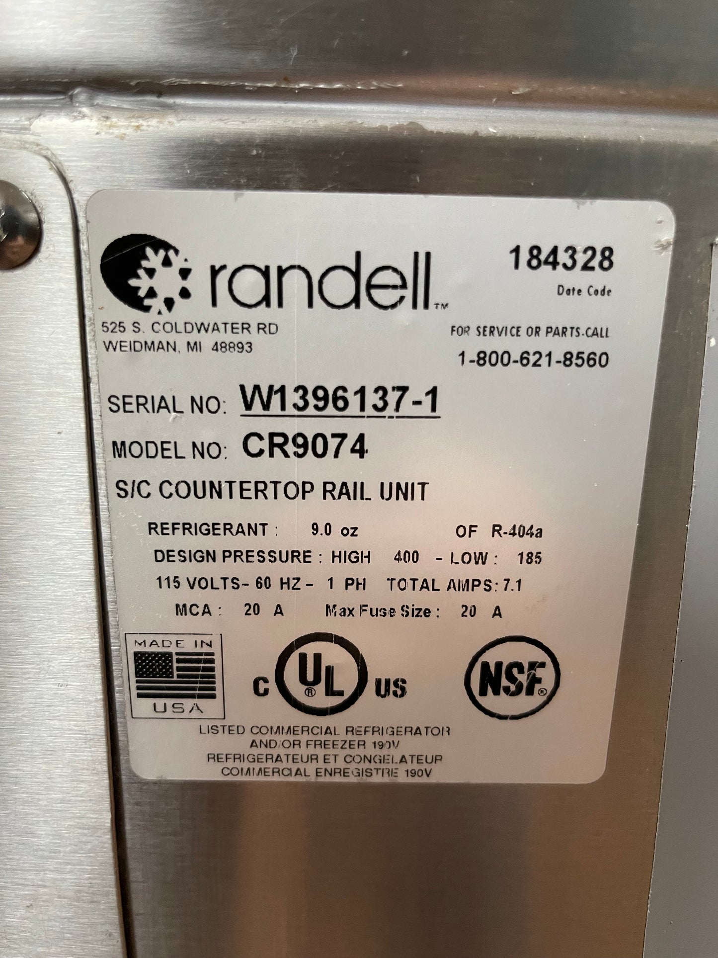 Used Randell CR9074-290 Refrigerated Countertop Condiment Prep Table 74"W 120V