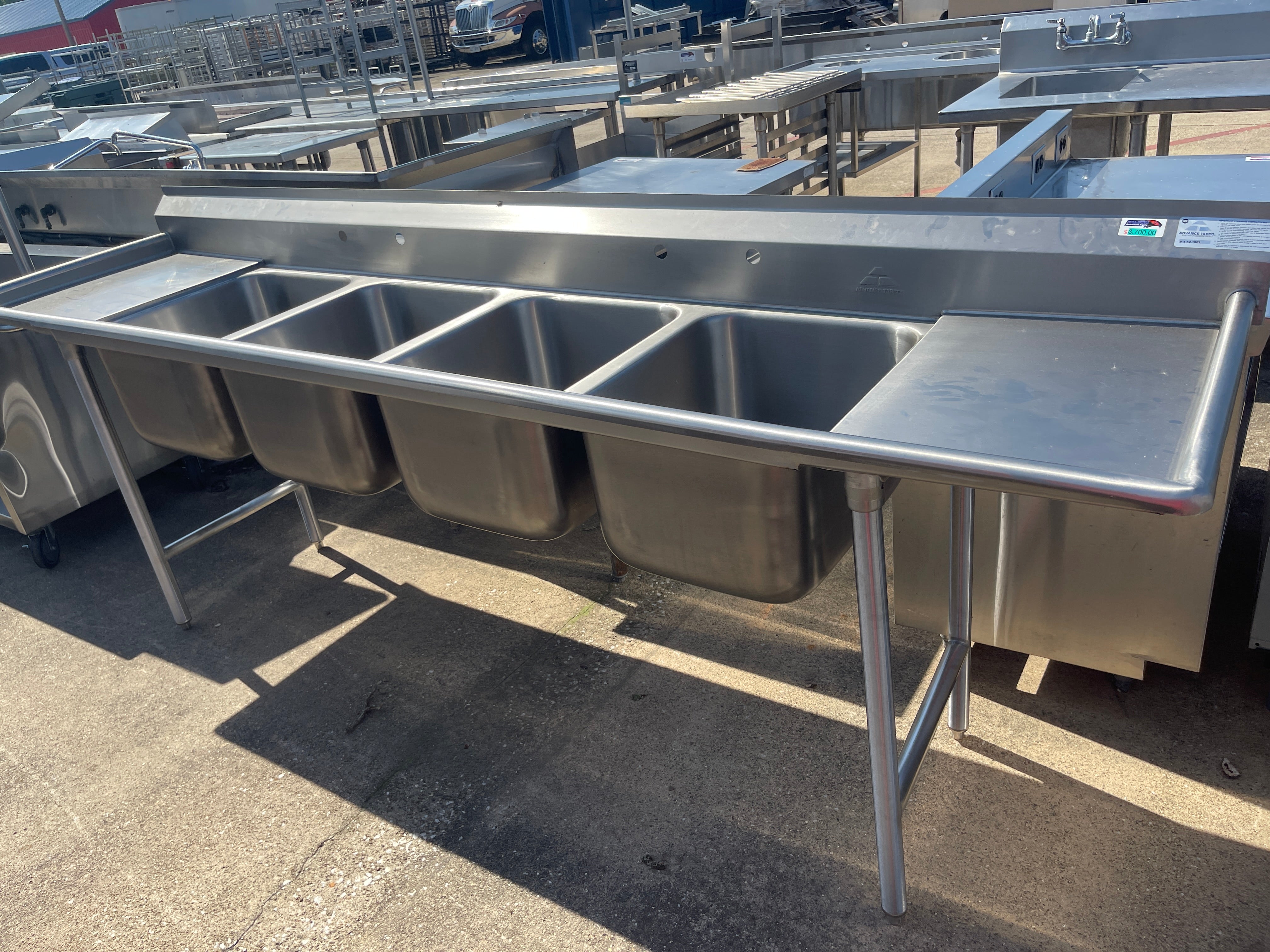 New 110" Advance Tabco 9-4-72-18RL 4 Compartment Sink  - SS316