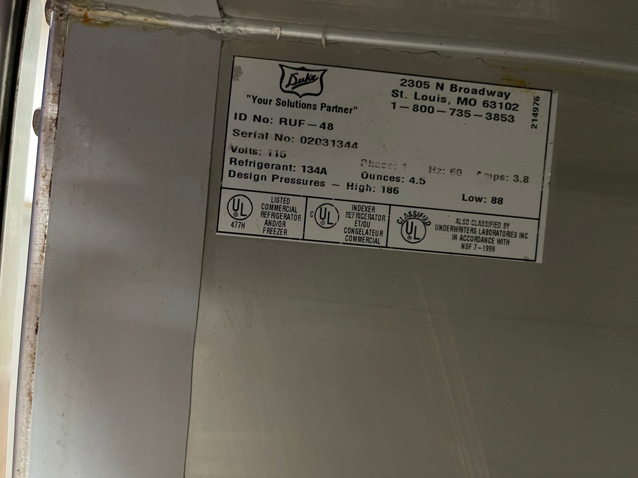 Used Duke RUF-48 Standard Refrigerated Work Top 2 Door Back Counter 120V