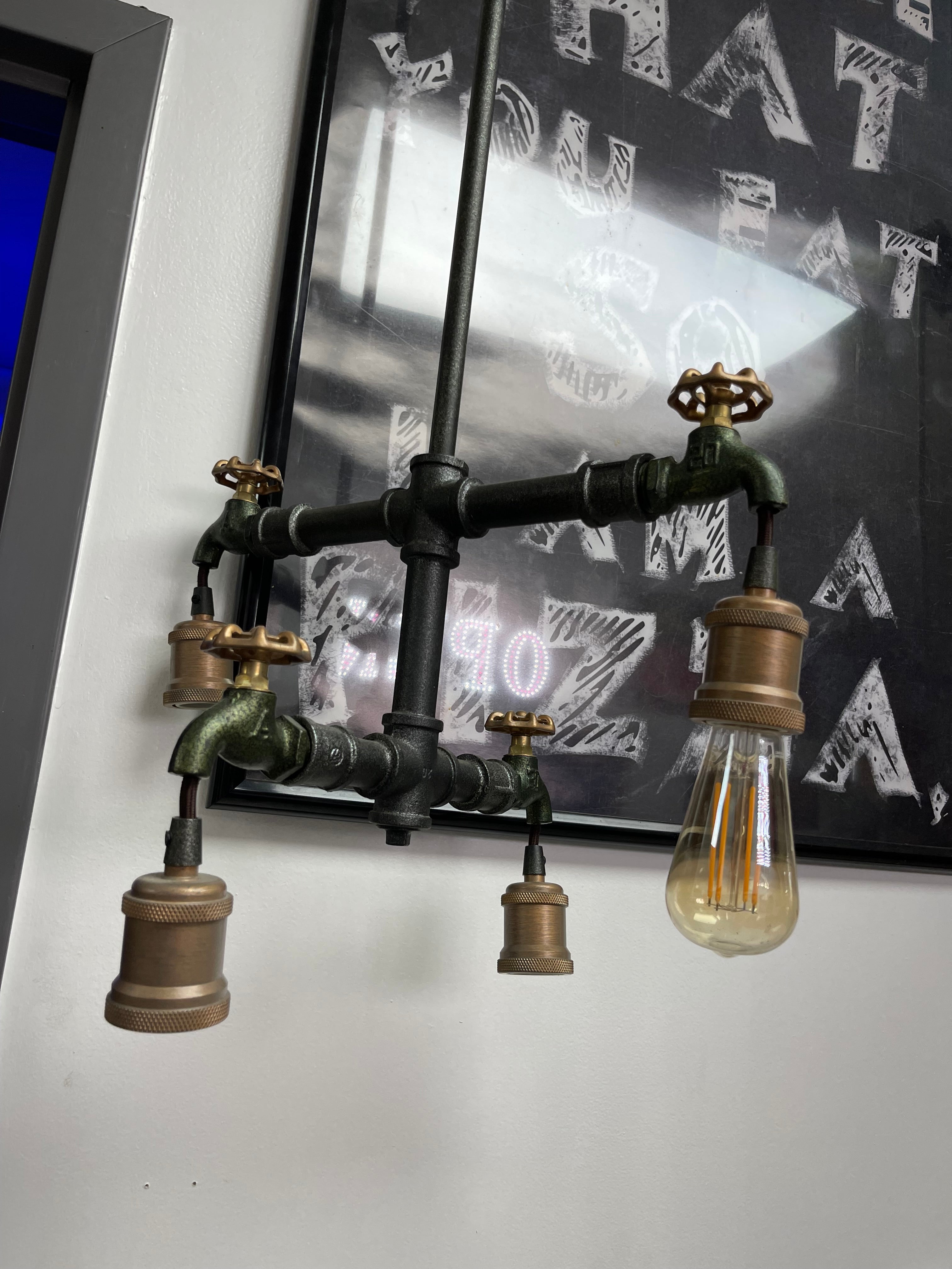 Used Steampunk Industrial Water Pipe and Spigot 4 LED Ceiling Light