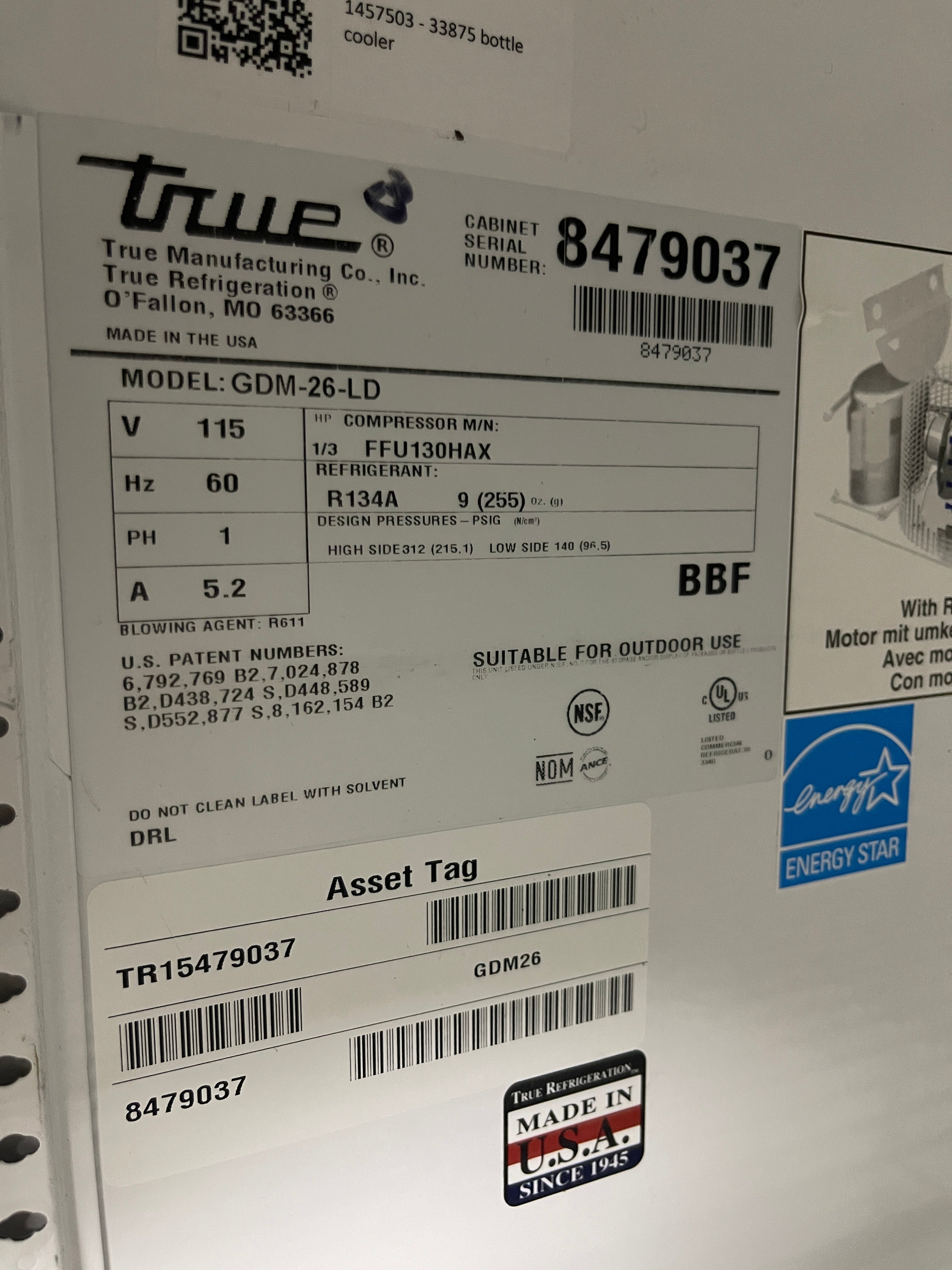 Used 2015 30" True GDM-26-LD Refrigerated Reach In Glass Door Merchandiser 120V