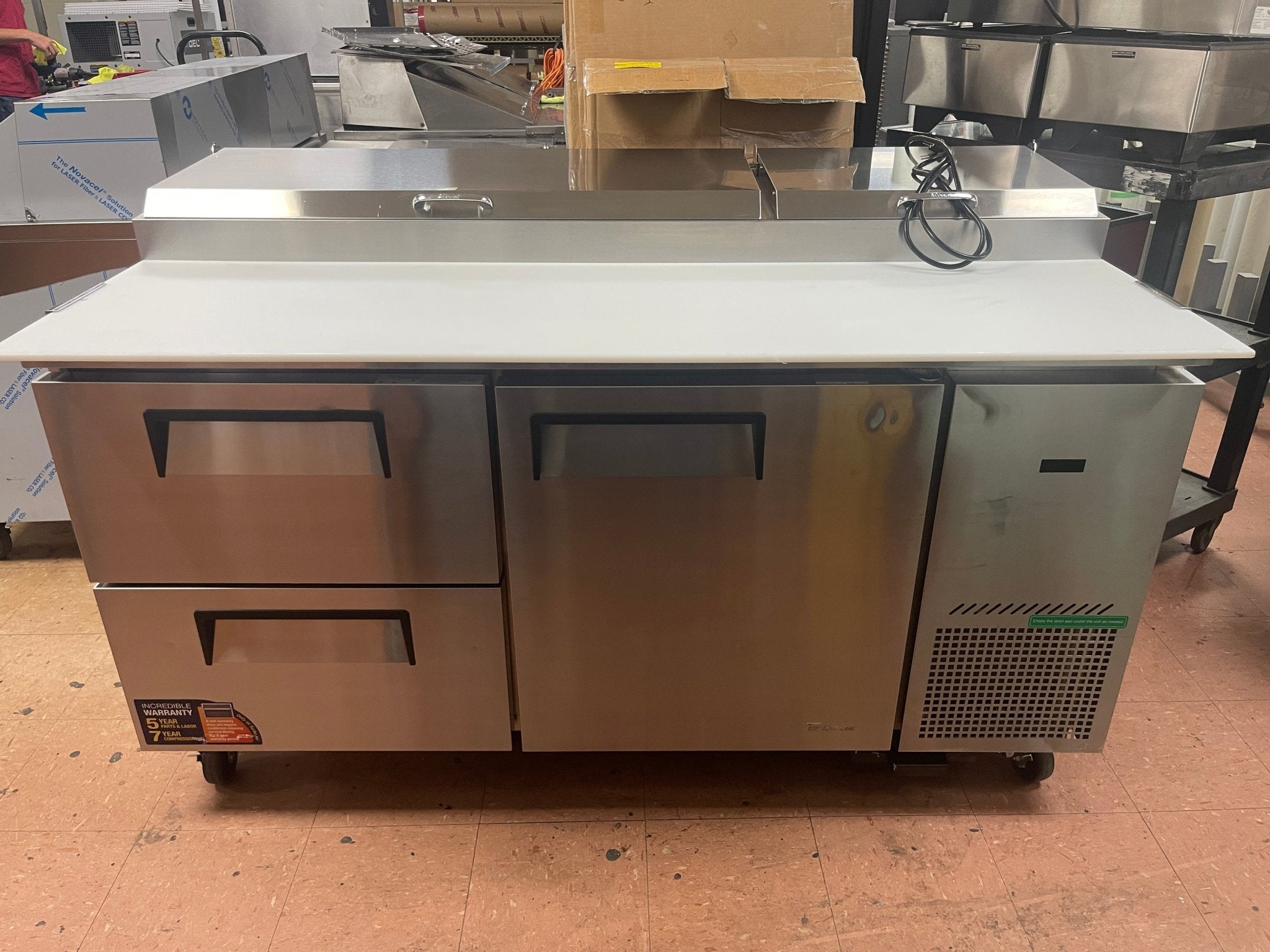 Used 67" Turbo Air TPR - 67SD - D2 - N Pizza Prep Table with 1 Door and 2 Drawers 115V - WO1 - Falcon Restaurant Supply - 1