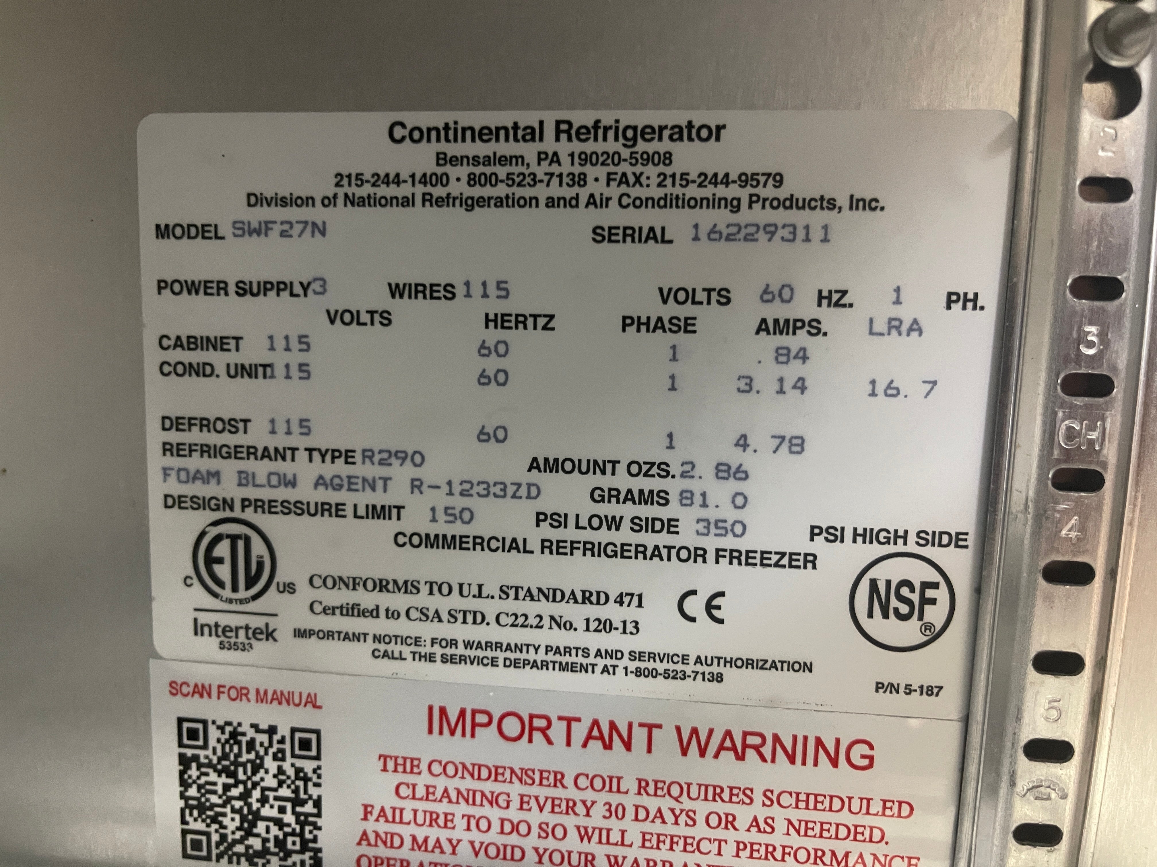 Used 27" Continental SWF27N Single Door Worktop Freezer 115V - WO1