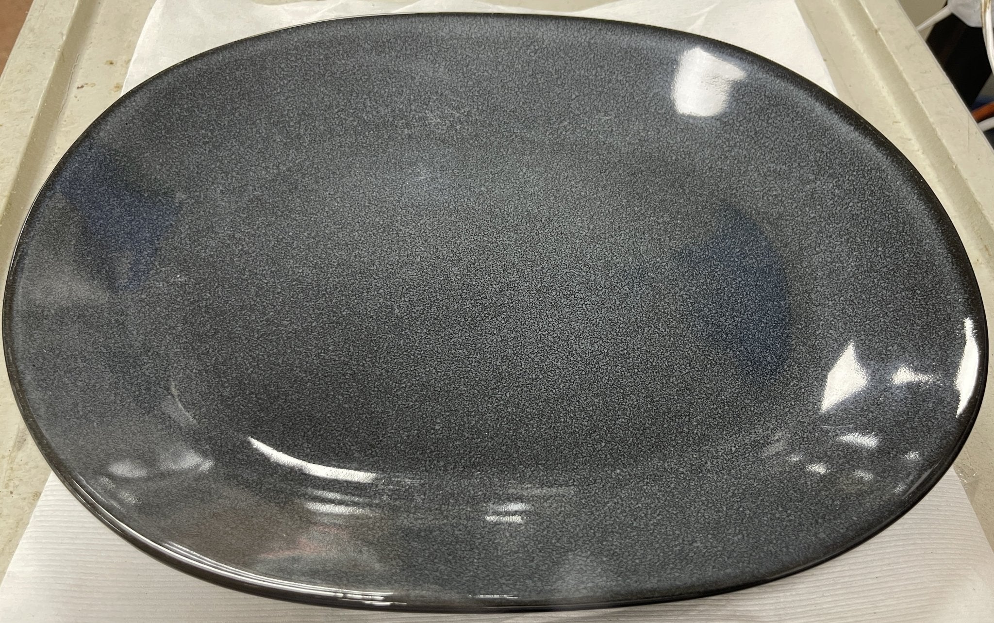 Used 12 - 3/8" Tuxton 21 Gray Ceramic Oval Serving Platter Bowl Plate - WO1 - Falcon Restaurant Supply - 1