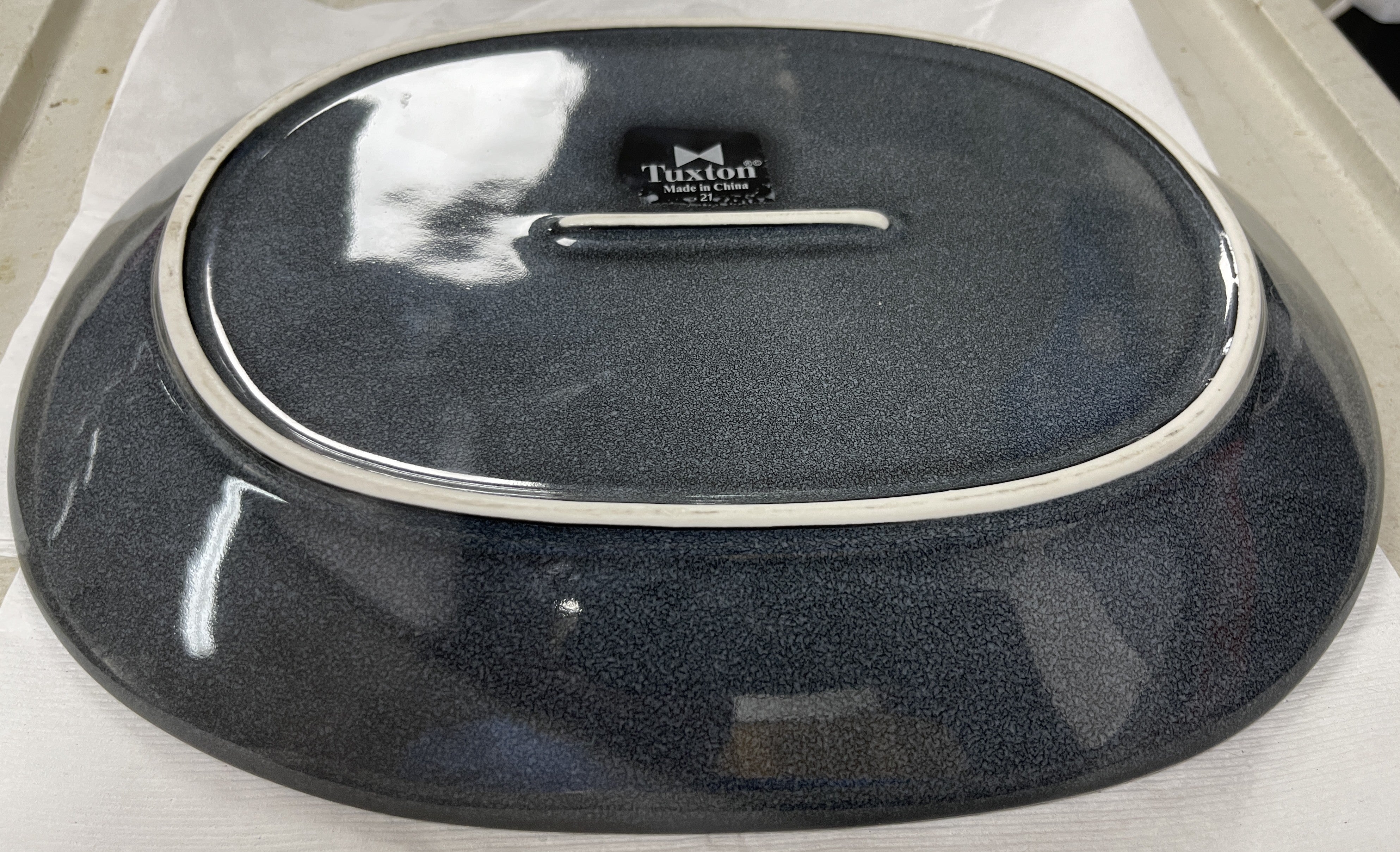 Used 12-3/8" Tuxton 21 Gray Ceramic Oval Serving Platter Bowl Plate - WO1