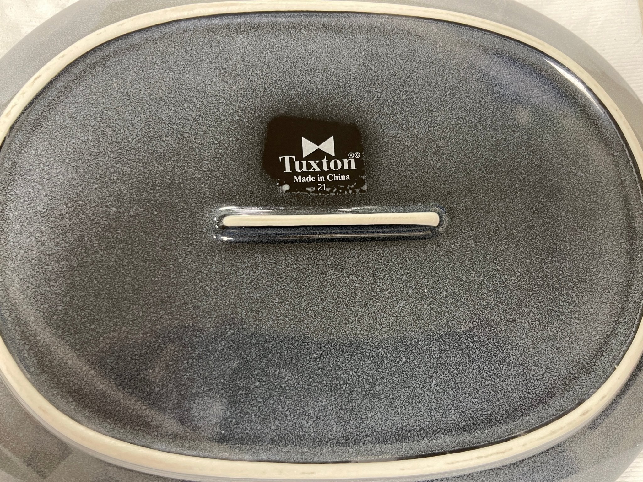Used 12 - 3/8" Tuxton 21 Gray Ceramic Oval Serving Platter Bowl Plate - WO1 - Falcon Restaurant Supply - 3