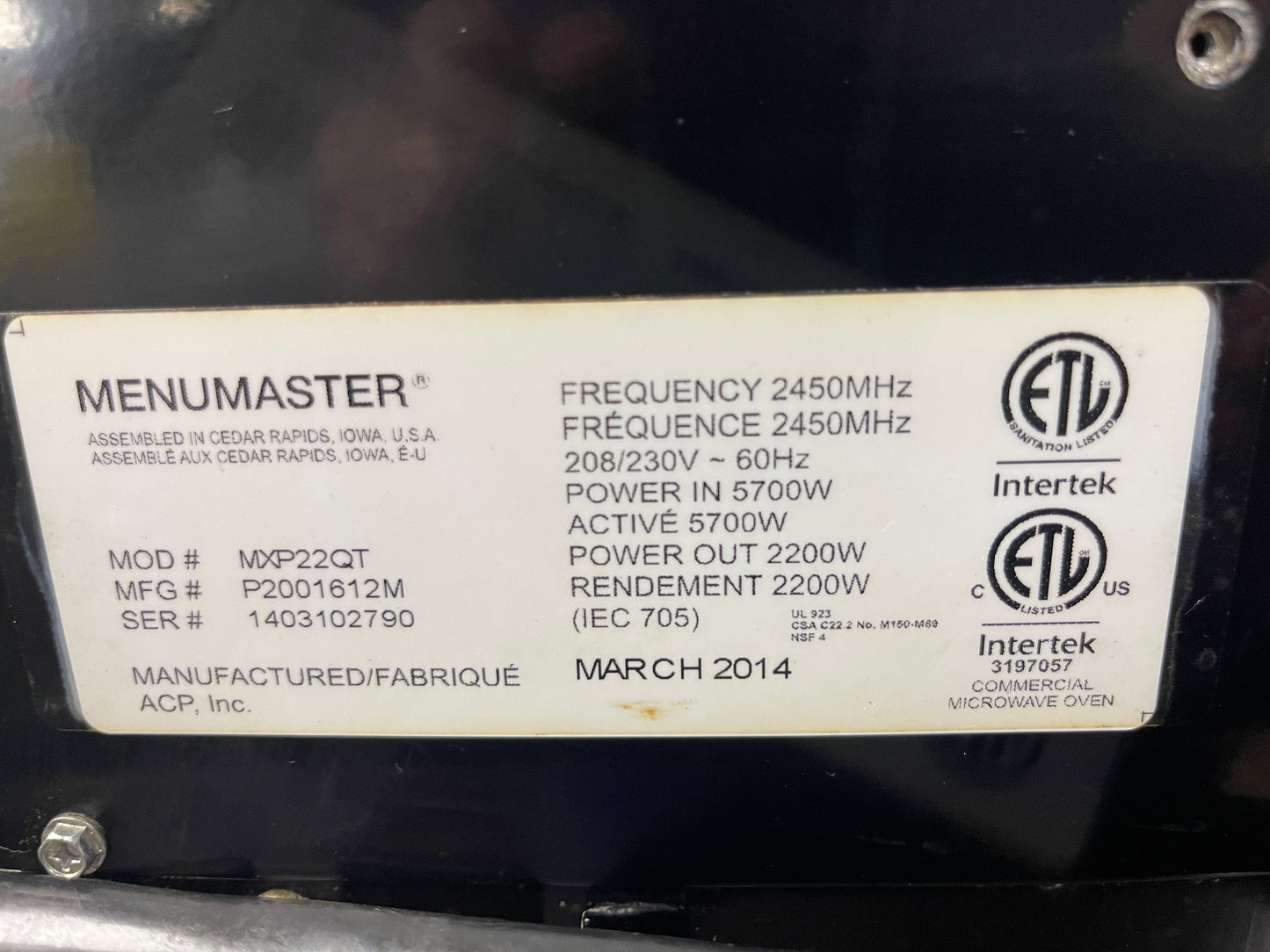 Used 2014 Amana Menumaster MXP22QT Accelerated Oven 220V - 1882Hrs