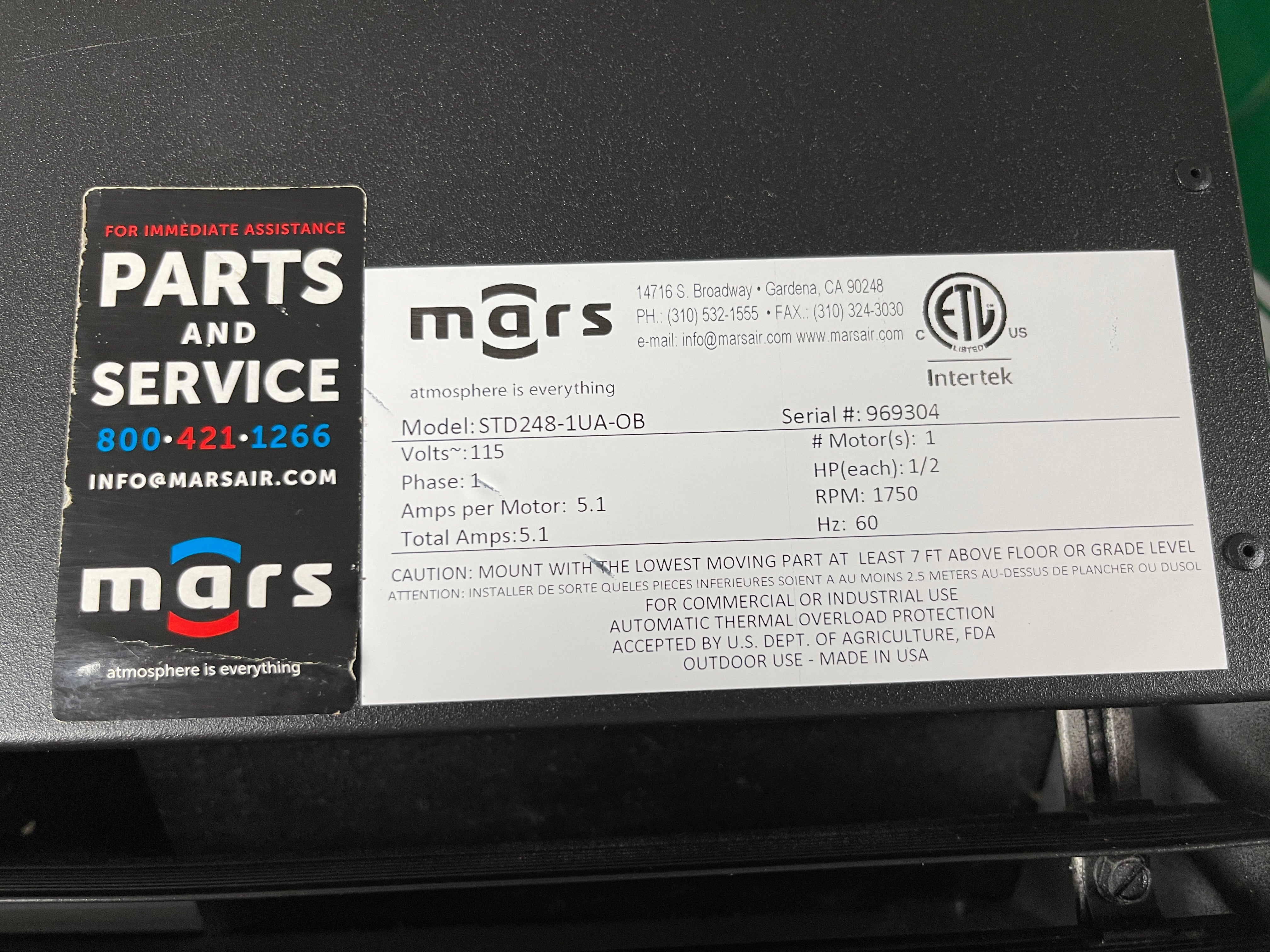 Used Mars STD248-1UA-OB, 48" Air Curtain Non-heated 115V - JD