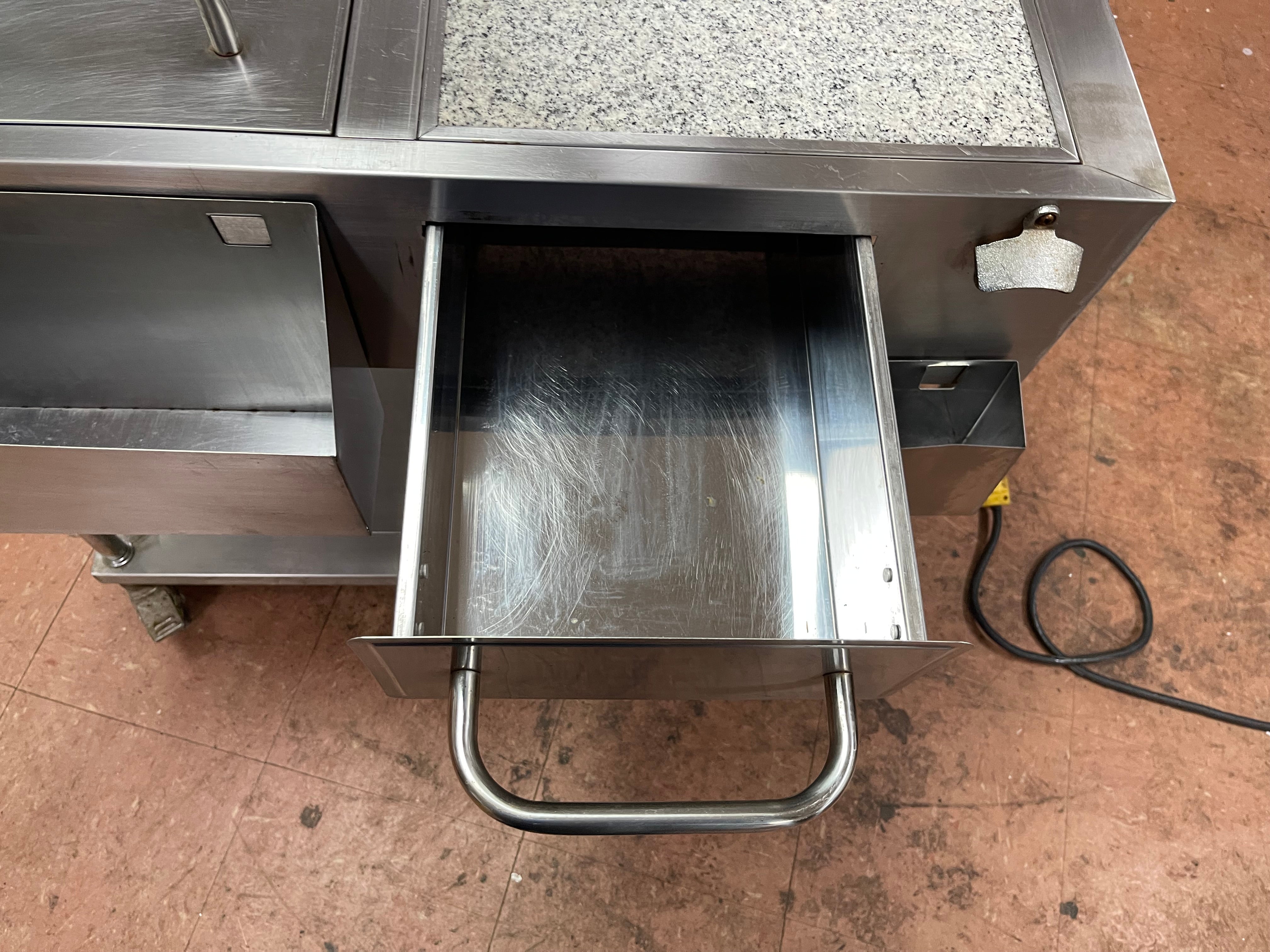 Used Stainless Steel Drink Serving Cart with Ice Bin, Drain and Caster Wheels