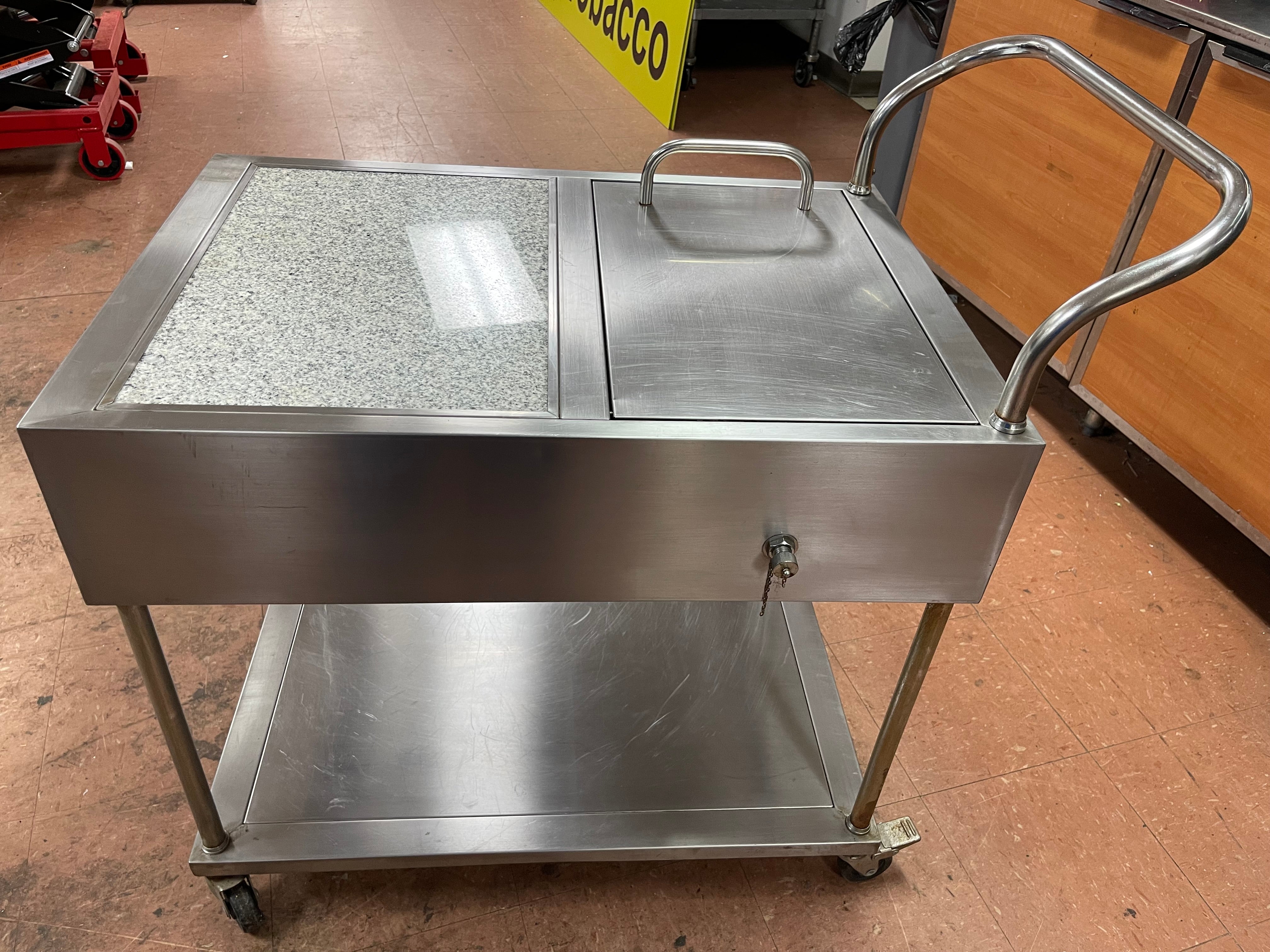 Used Stainless Steel Drink Serving Cart with Ice Bin, Drain and Caster Wheels