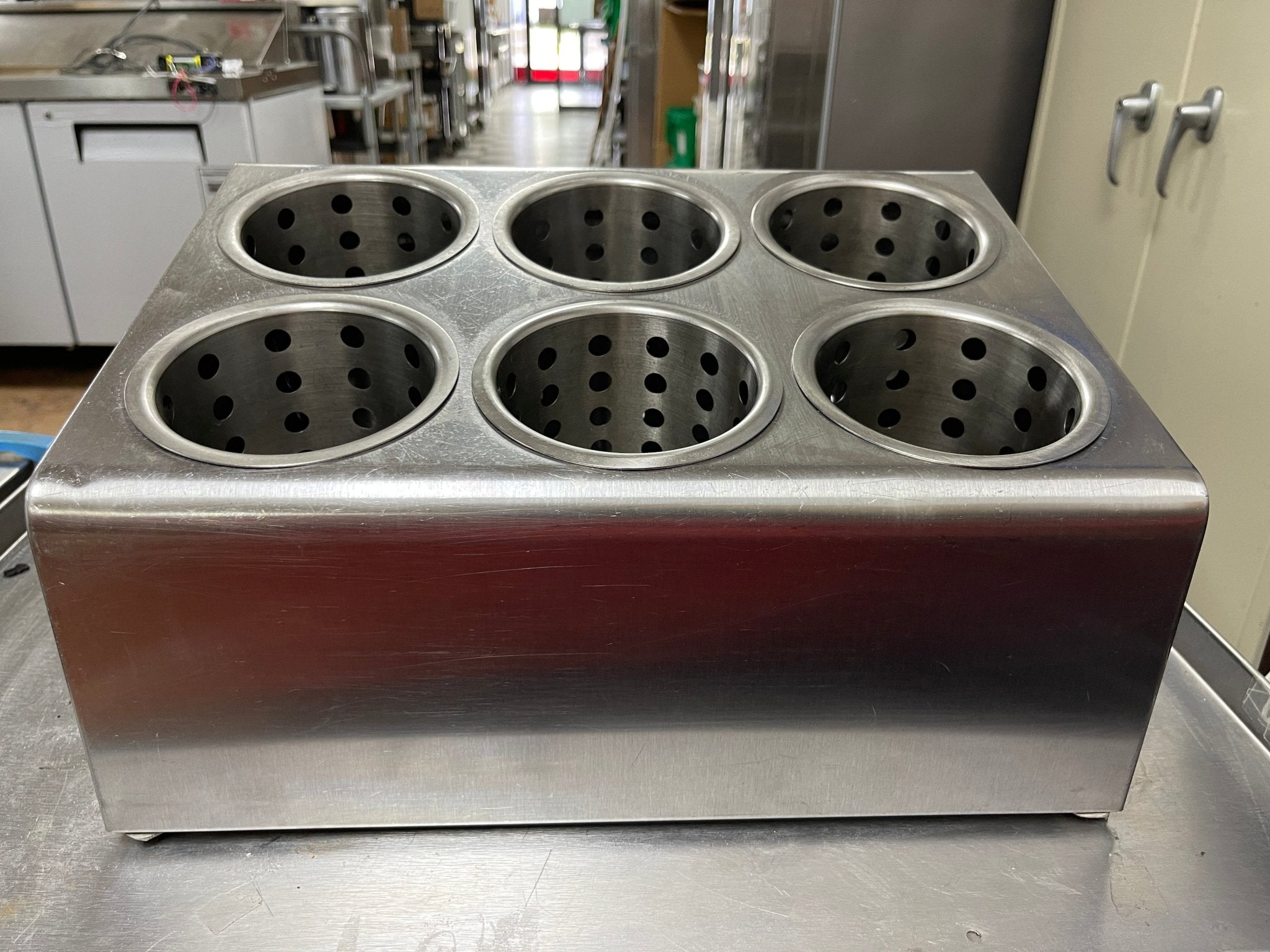 Used 6 Hole Stainless Steel Flatware Organizer with Perforated Stainless Steel Cylinders - JD - Falcon Restaurant Supply - 1