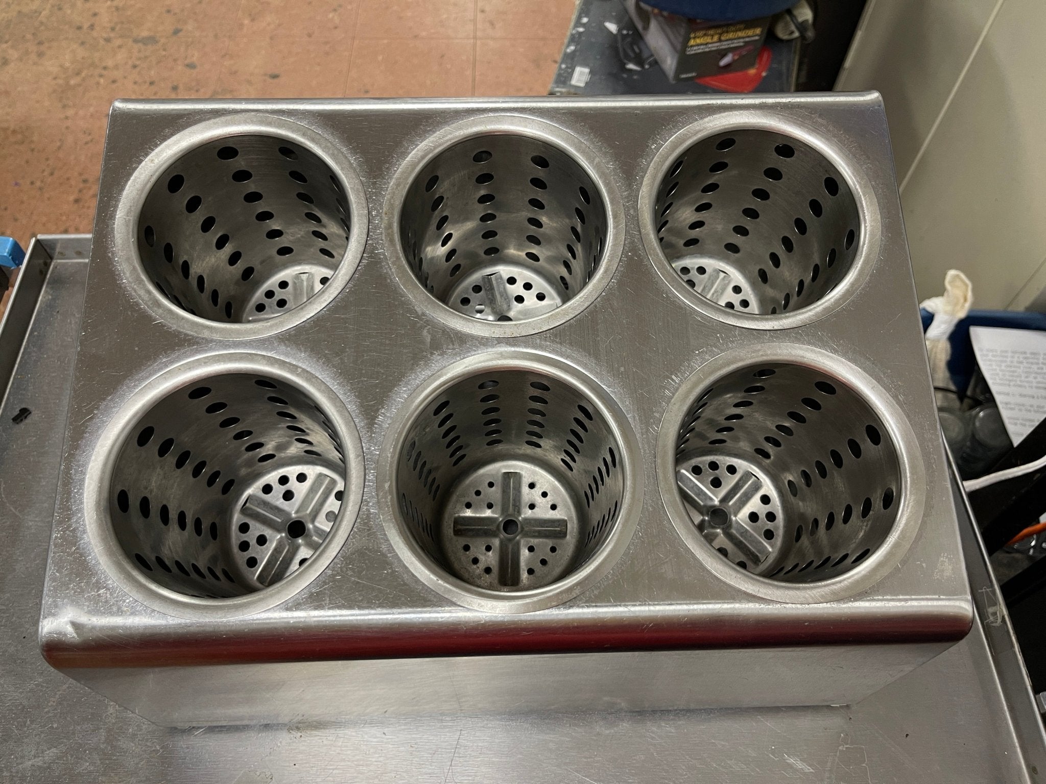 Used 6 Hole Stainless Steel Flatware Organizer with Perforated Stainless Steel Cylinders - JD - Falcon Restaurant Supply - 2