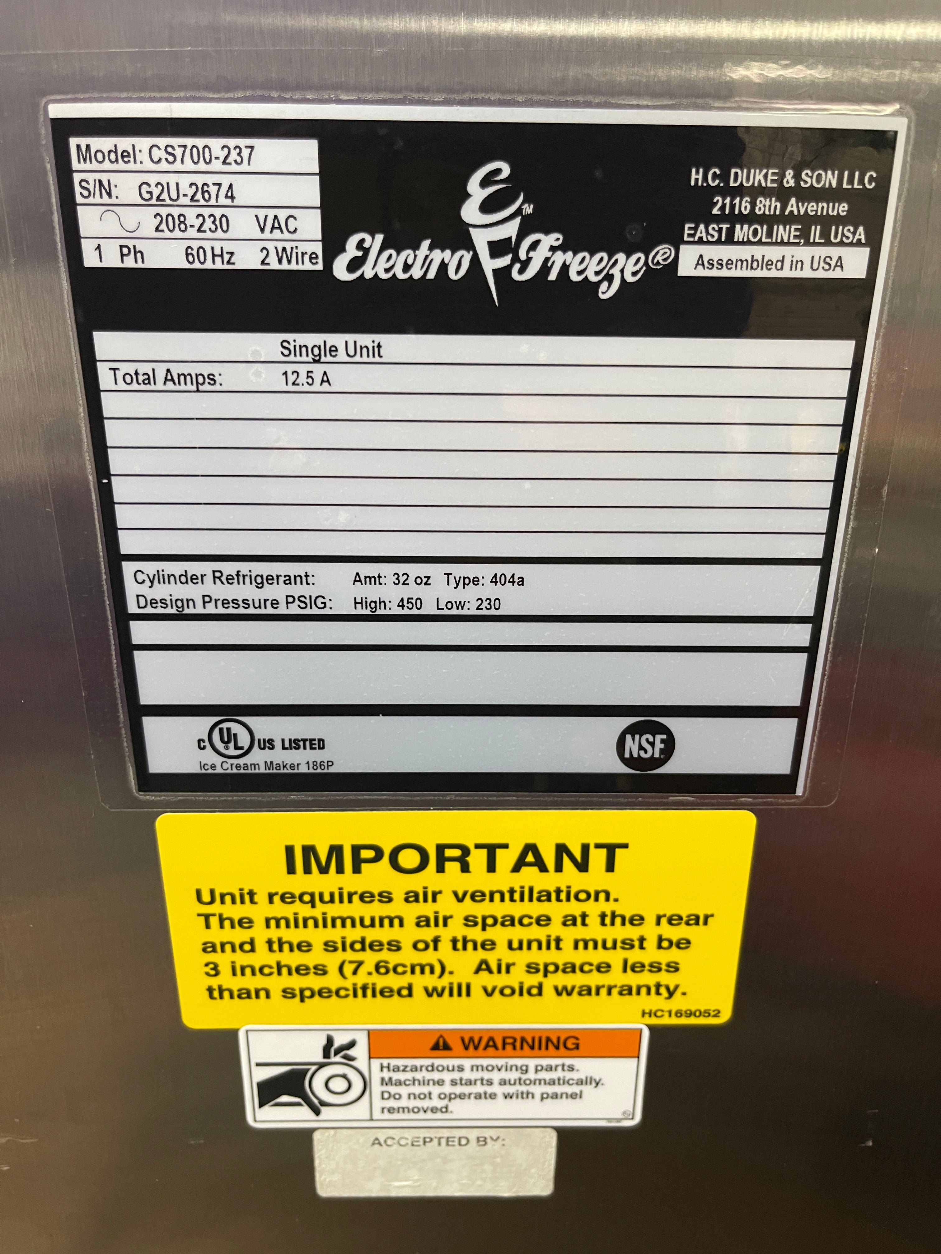 Used Electro Freeze CS700-237 Ice Cream Shake Machine With Mixer 208-230V - FG