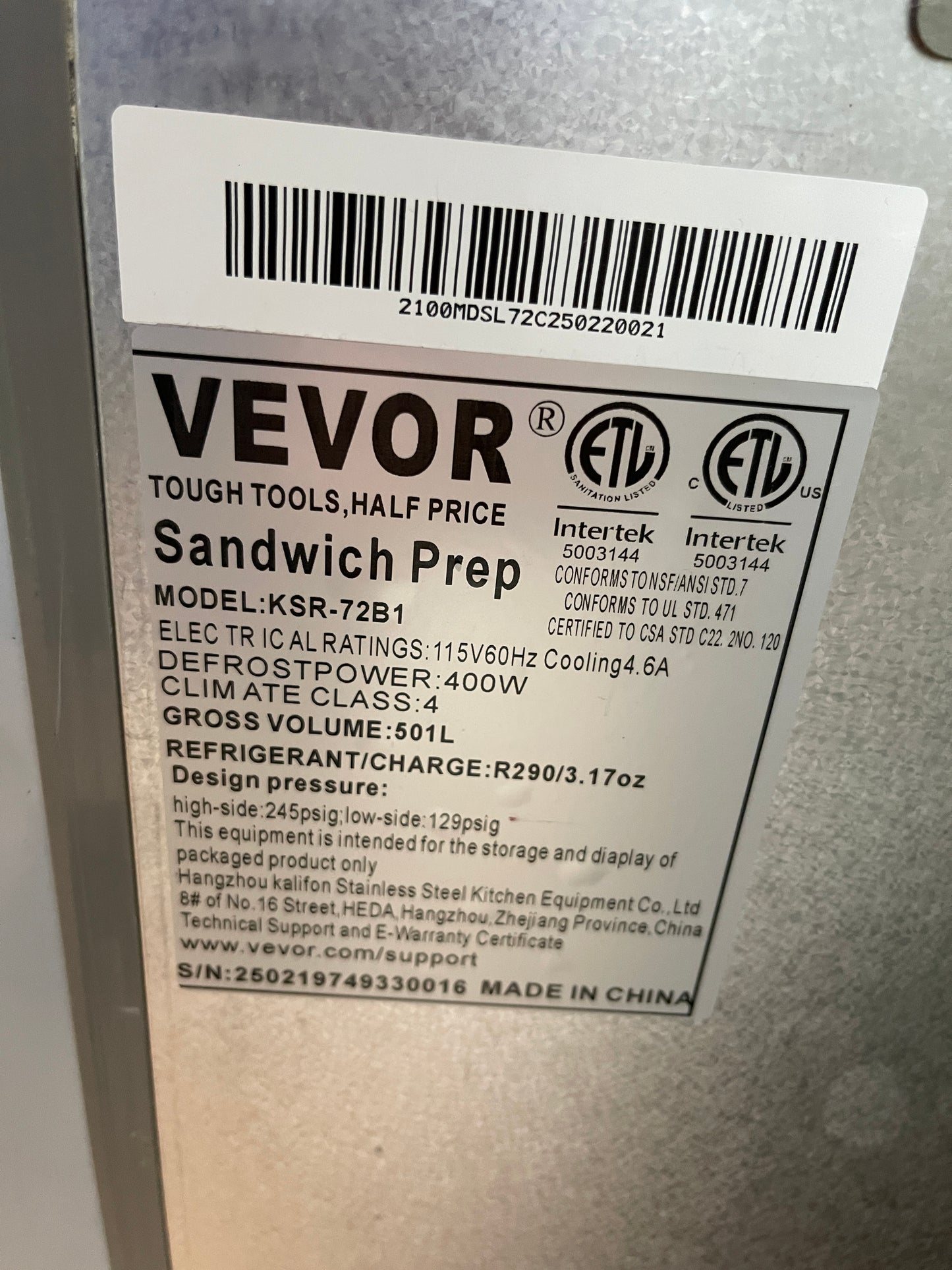 Used 72" Vevor KSR-72B1 Refrigerated Sandwich Prep Table 115V As Is