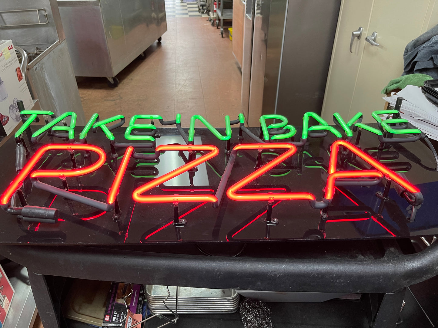 Used Take N Bake Pizza Green and Red Neon Sign