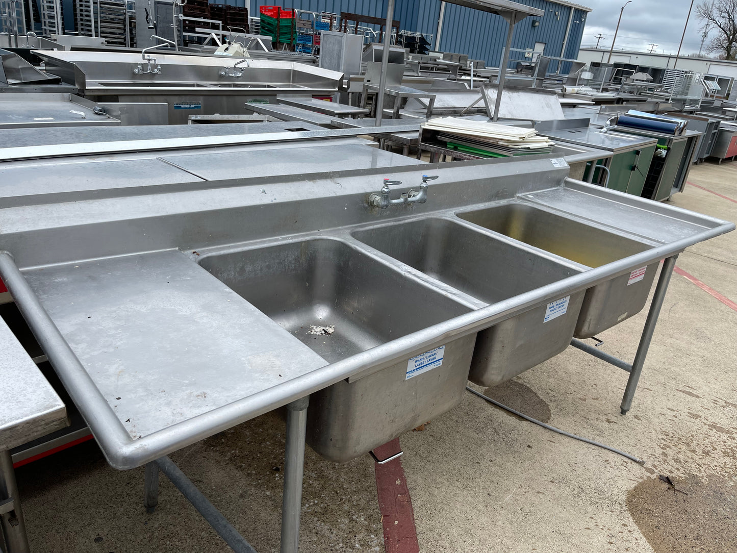 Used Advance Tabco 3 Compartment Commercial Sink with 2 Twist Drains 102" - JS - SS11